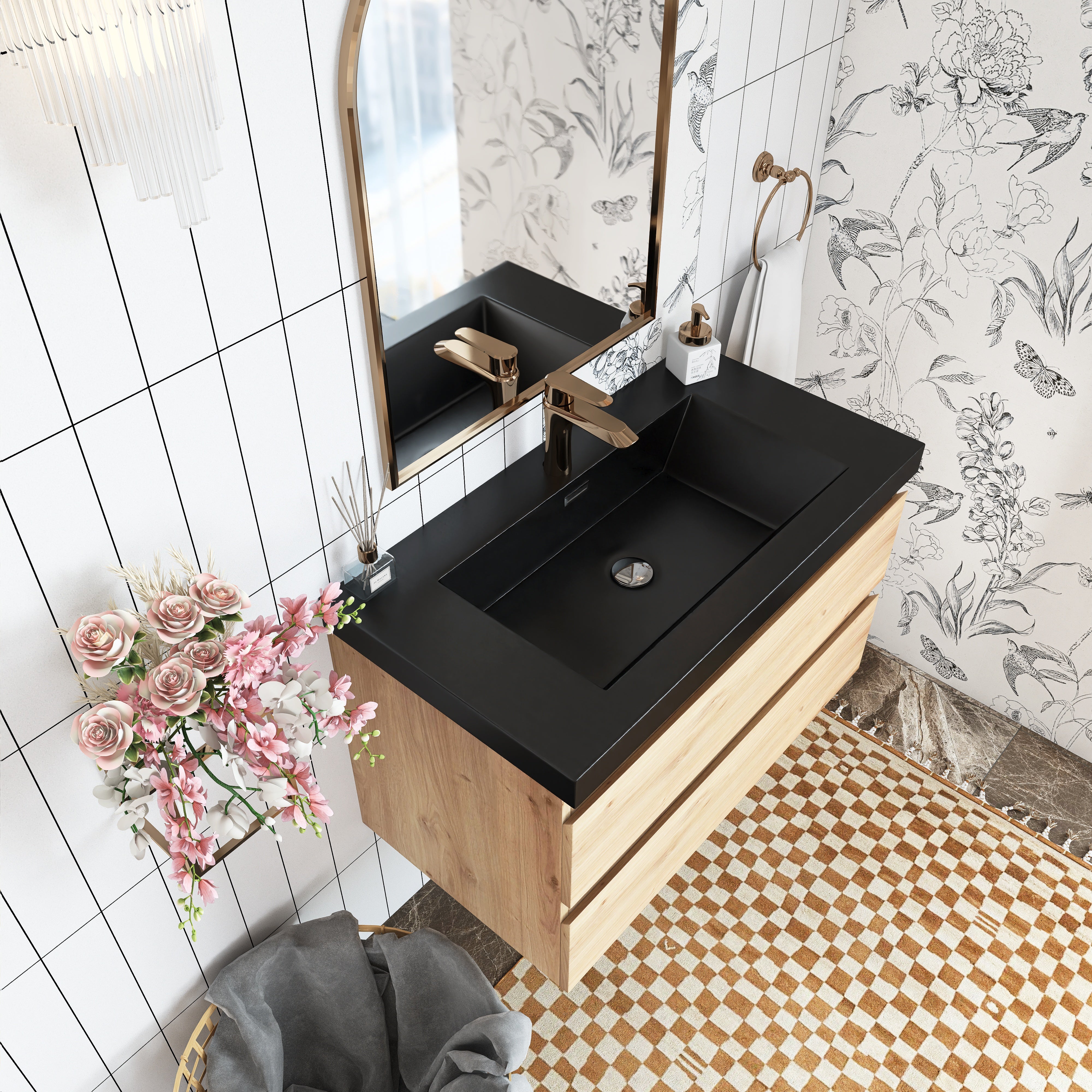 Wall Mounted Bathroom Vanity in F. Oak with soft- closing drawers with Black Cultured Marble Sink