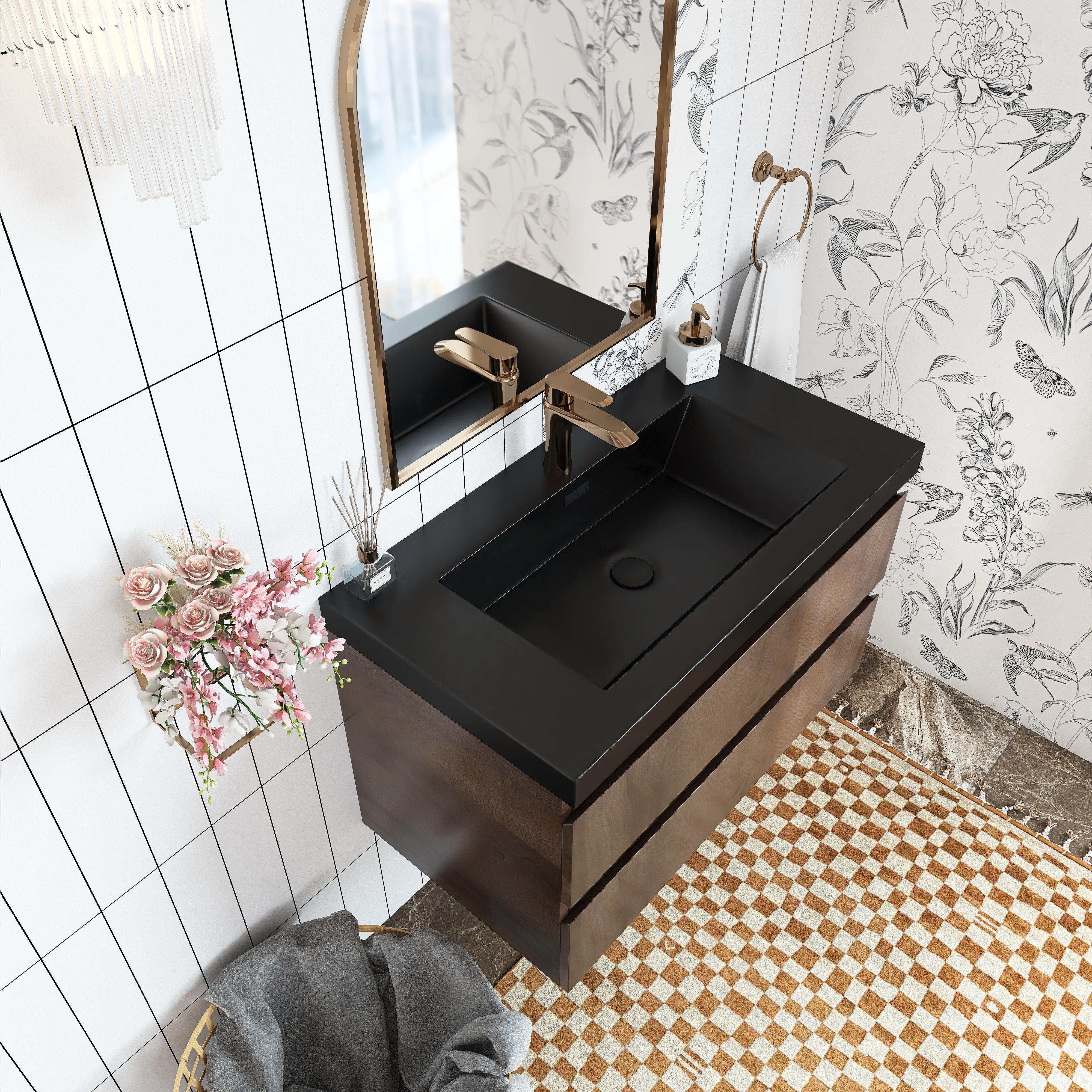 Wall Mounted Bathroom Vanity Set in Grey Oak with Integrated Black Resin Sink with Drain