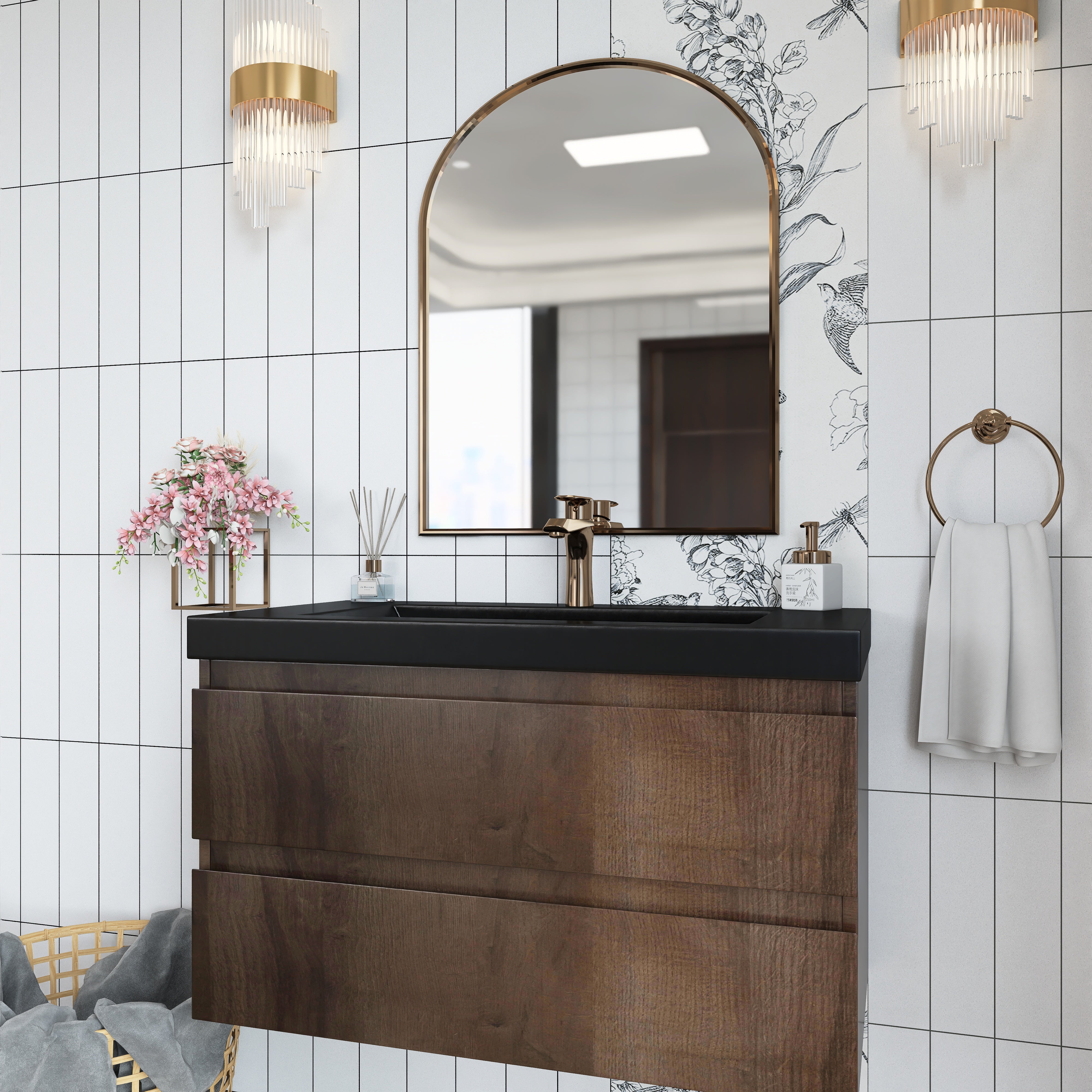 Wall Mounted Bathroom Vanity Set in Grey Oak with Integrated Black Resin Sink with Drain