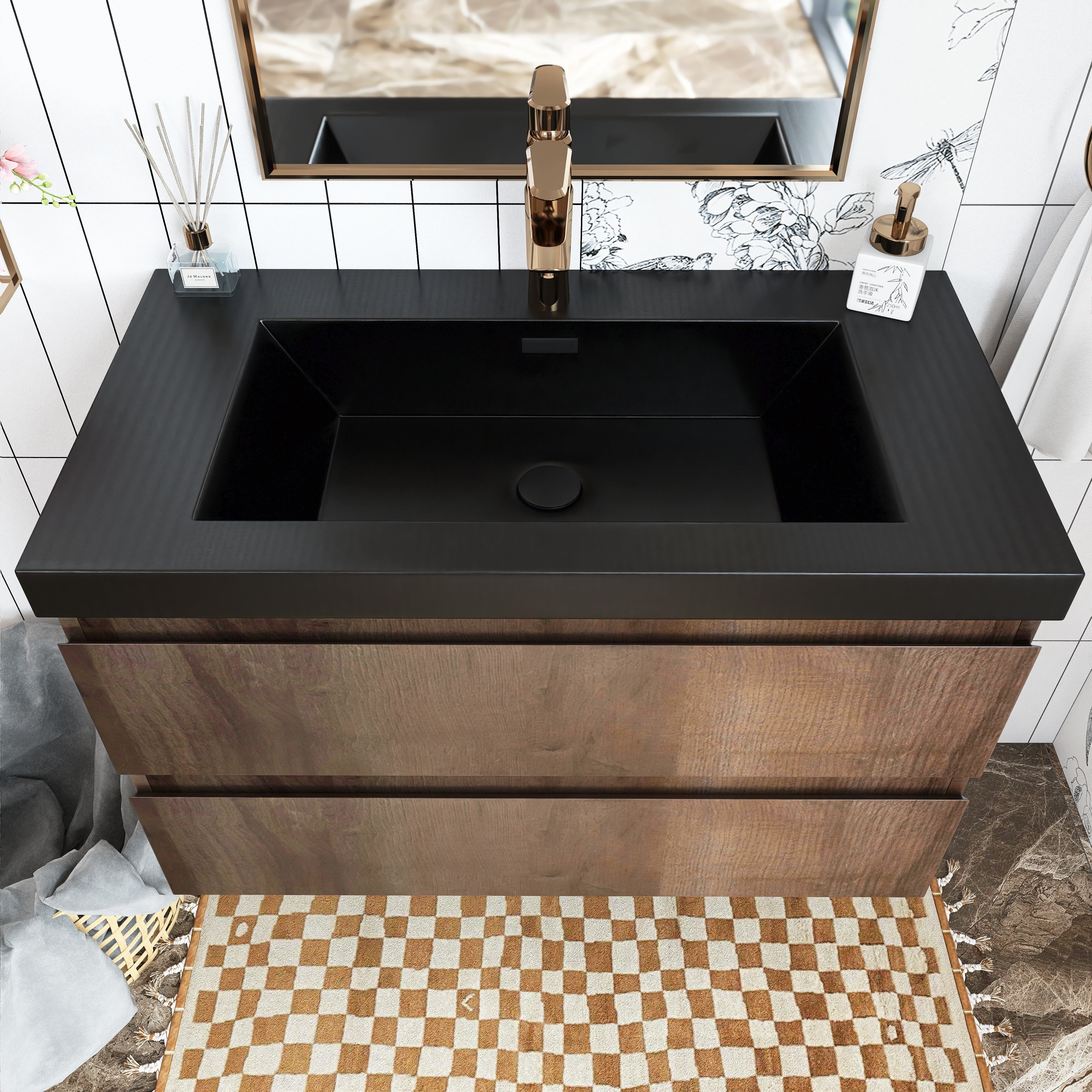 Wall Mounted Bathroom Vanity Set in Grey Oak with Integrated Black Resin Sink with Drain