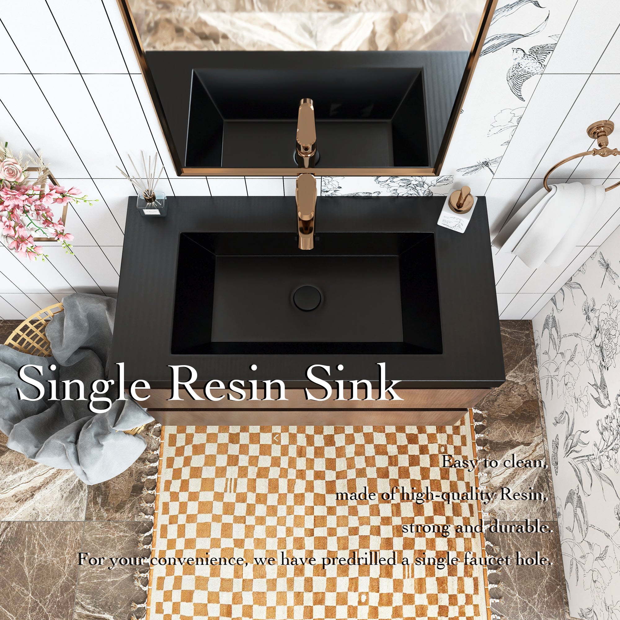 Wall Mounted Bathroom Vanity Set in Grey Oak with Integrated Black Resin Sink with Drain