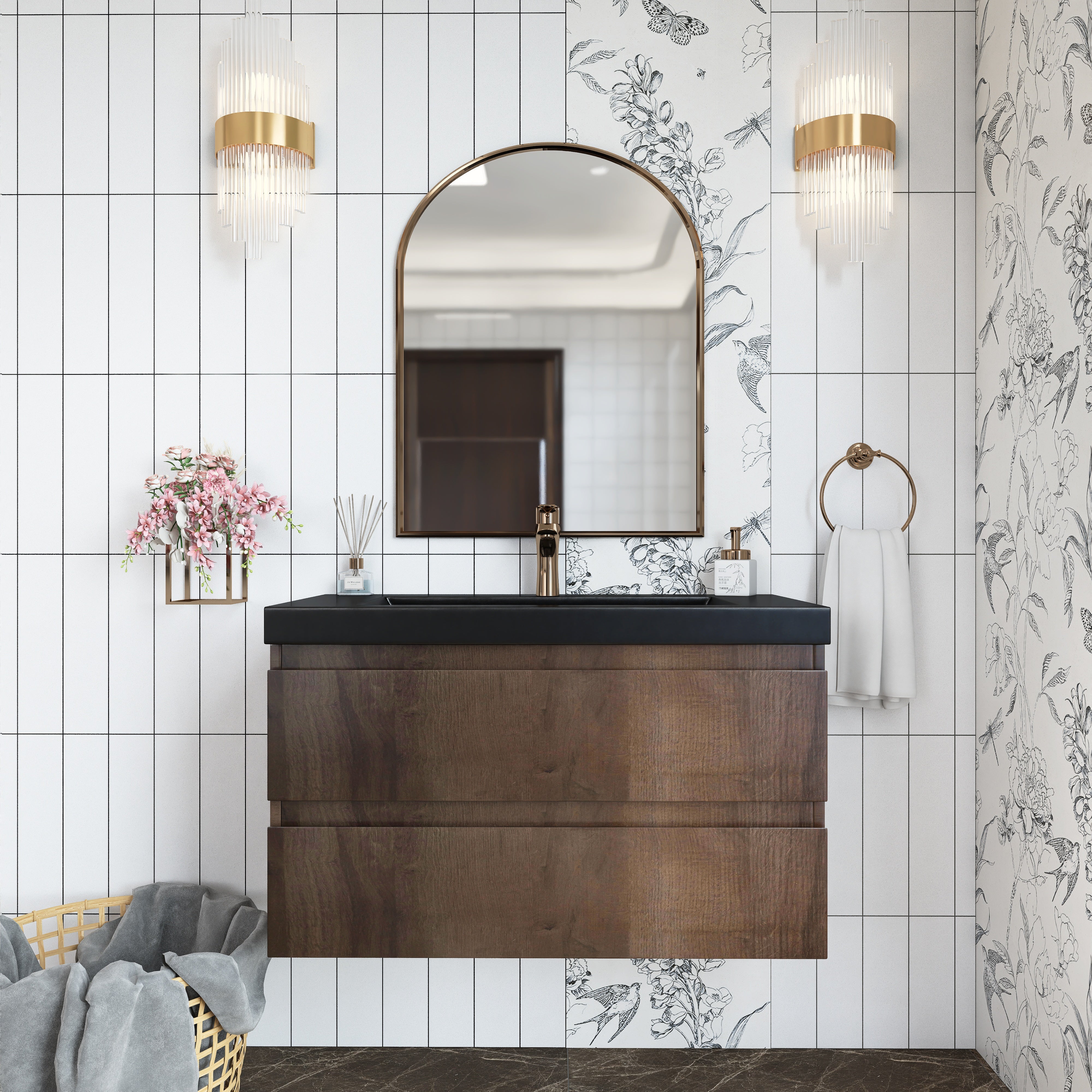 Wall Mounted Bathroom Vanity Set in Grey Oak with Integrated Black Resin Sink with Drain