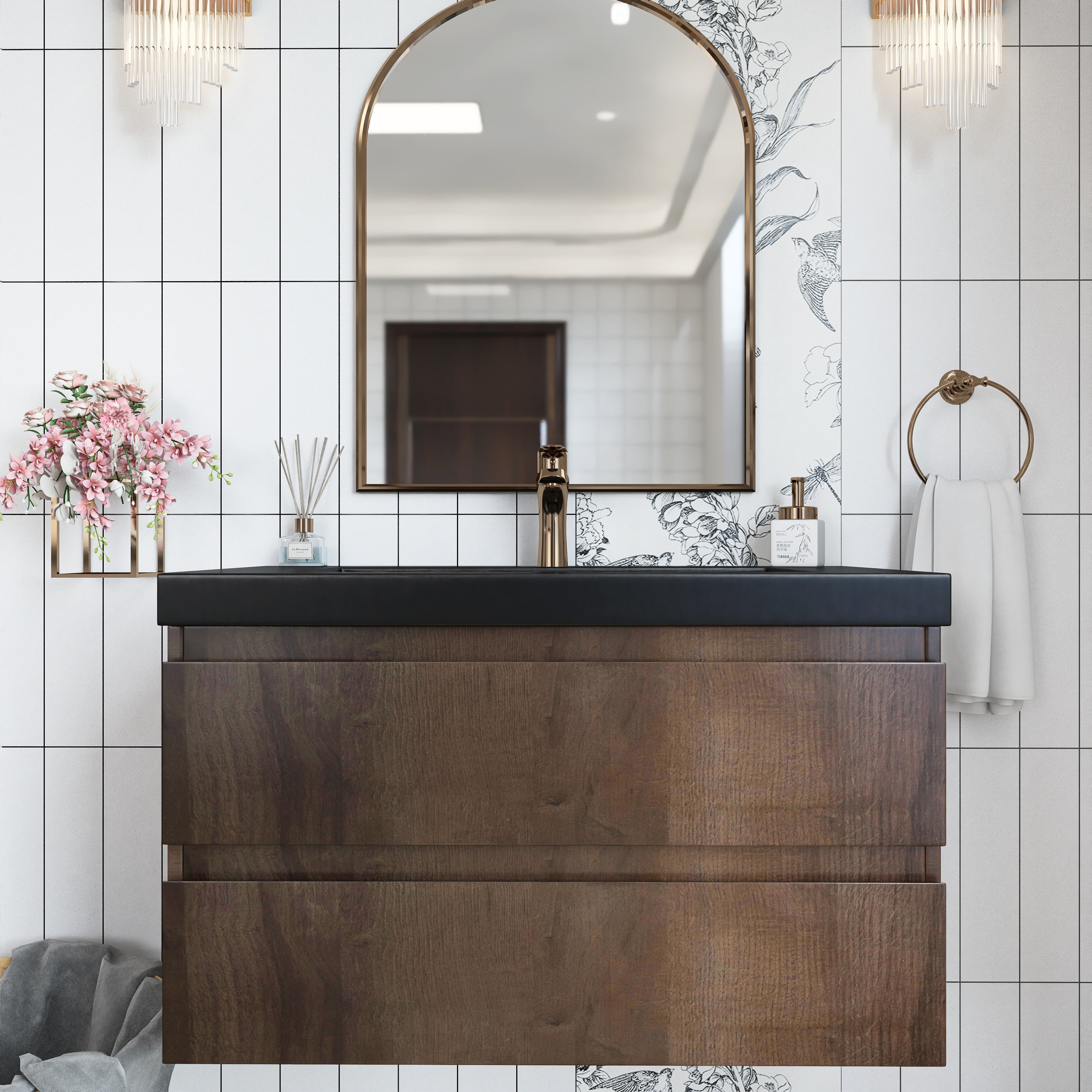 Wall Mounted Bathroom Vanity Set in Grey Oak with Integrated Black Resin Sink with Drain