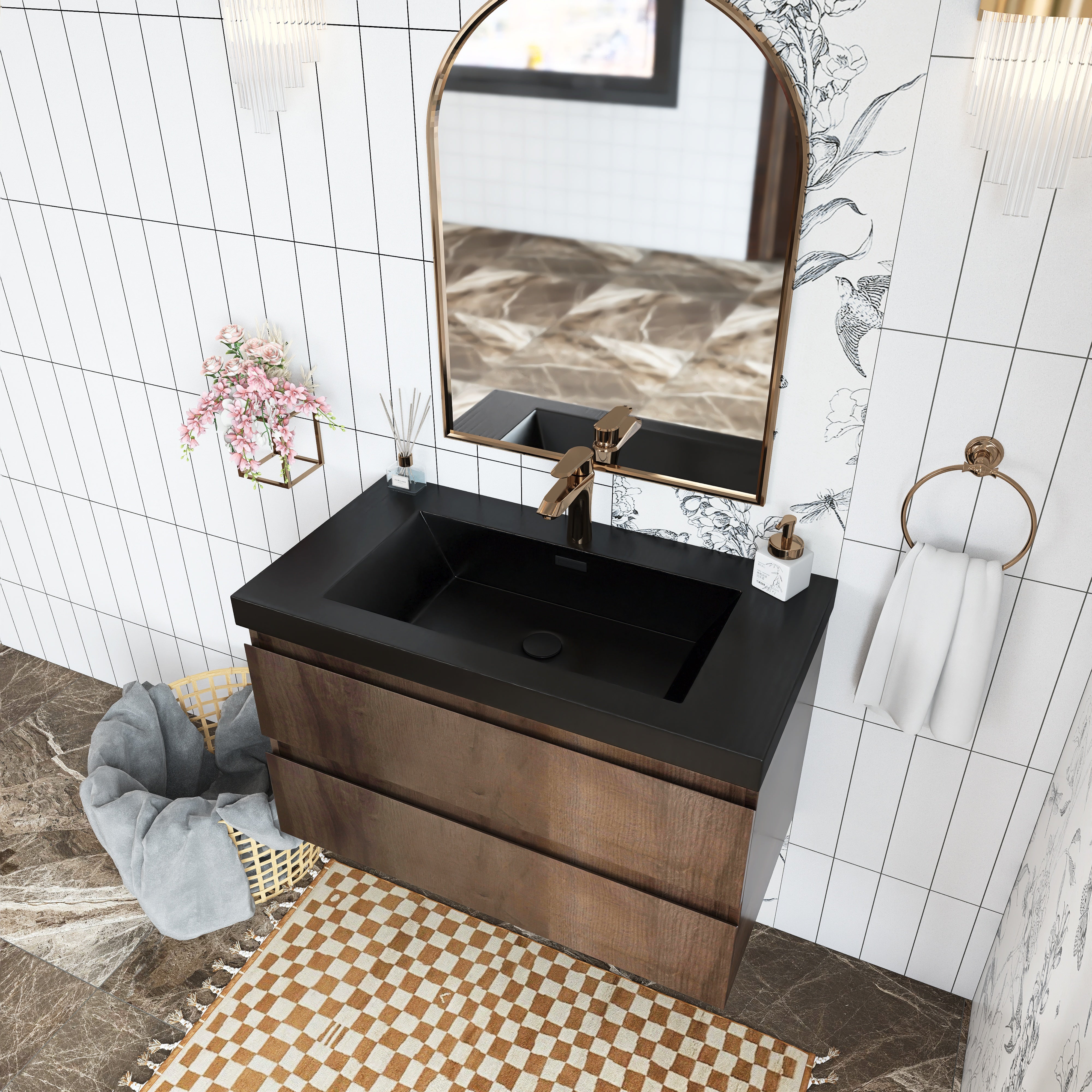 Wall Mounted Bathroom Vanity Set in Grey Oak with Integrated Black Resin Sink with Drain