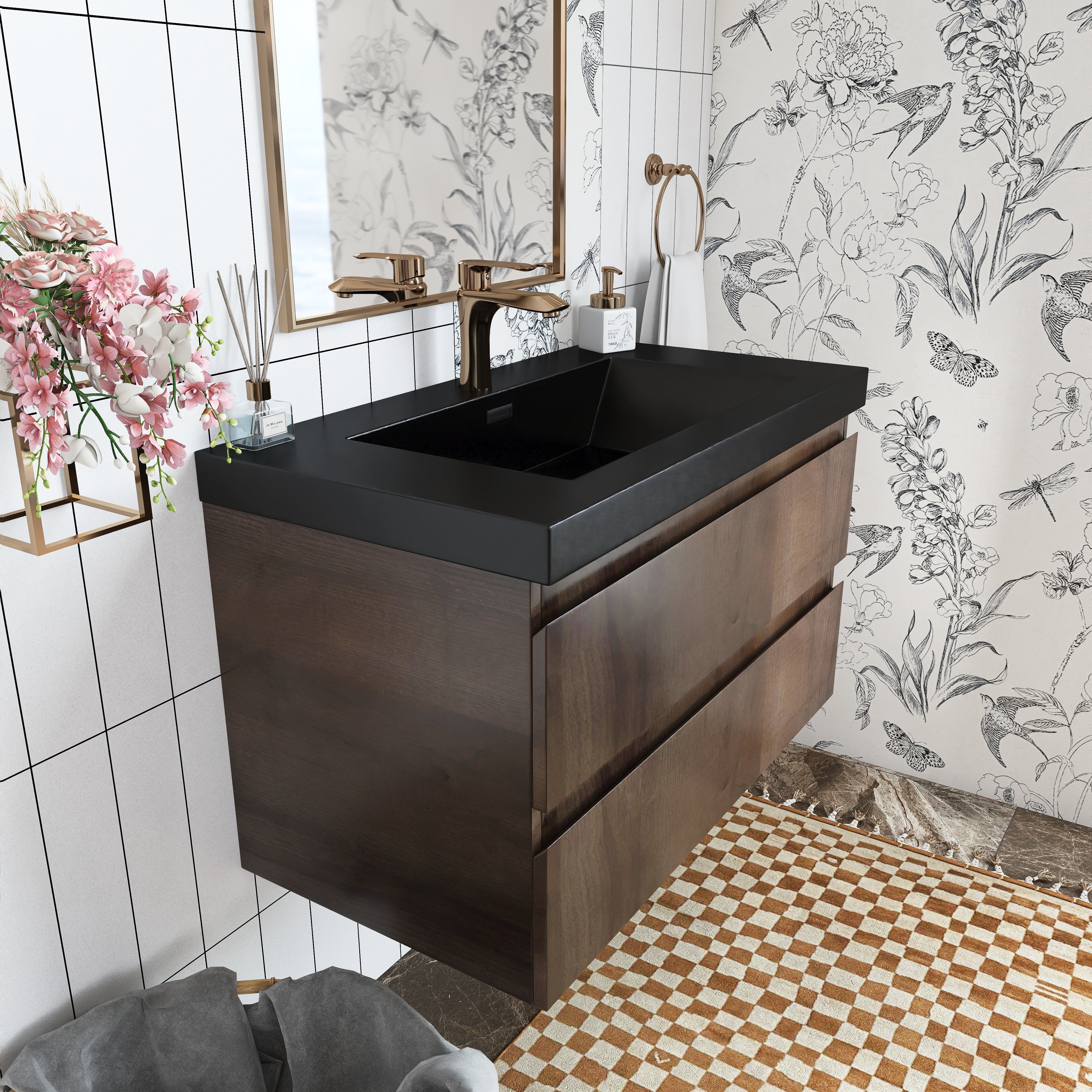 Wall Mounted Bathroom Vanity Set in Grey Oak with Integrated Black Resin Sink with Drain