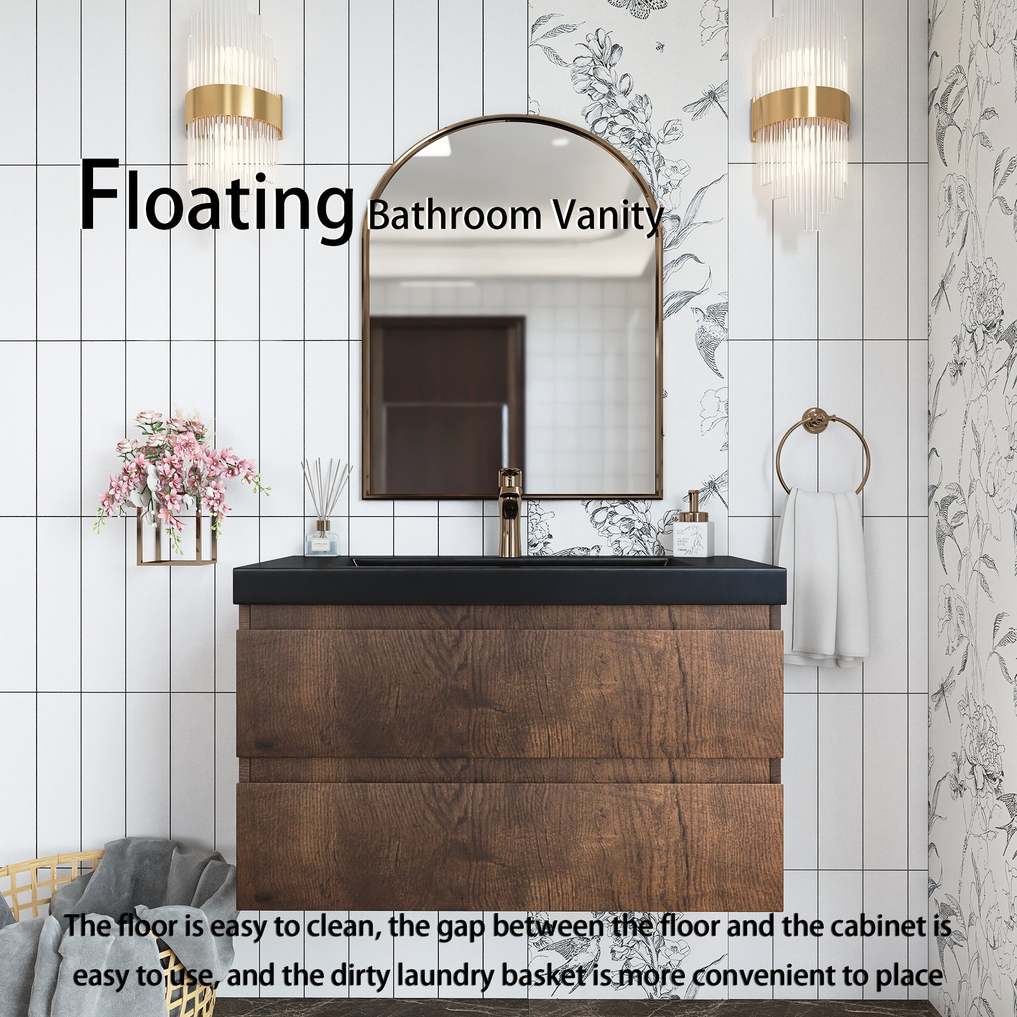 Wall Mounted Bathroom Vanity in Rose Wood with Soft-closing Drawers Black Cultured Marble Sink