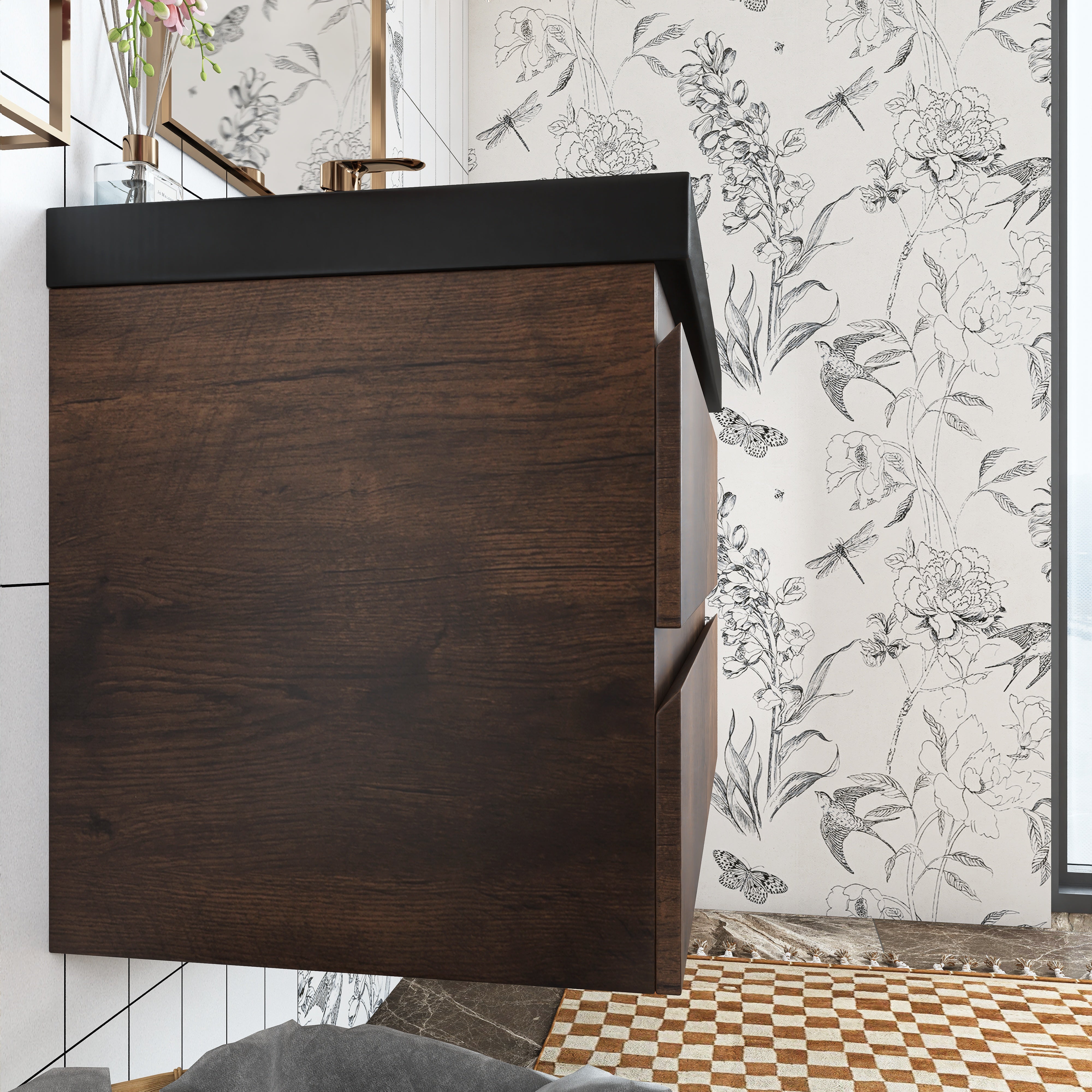 Wall Mounted Bathroom Vanity in Rose Wood with Soft-closing Drawers Black Cultured Marble Sink