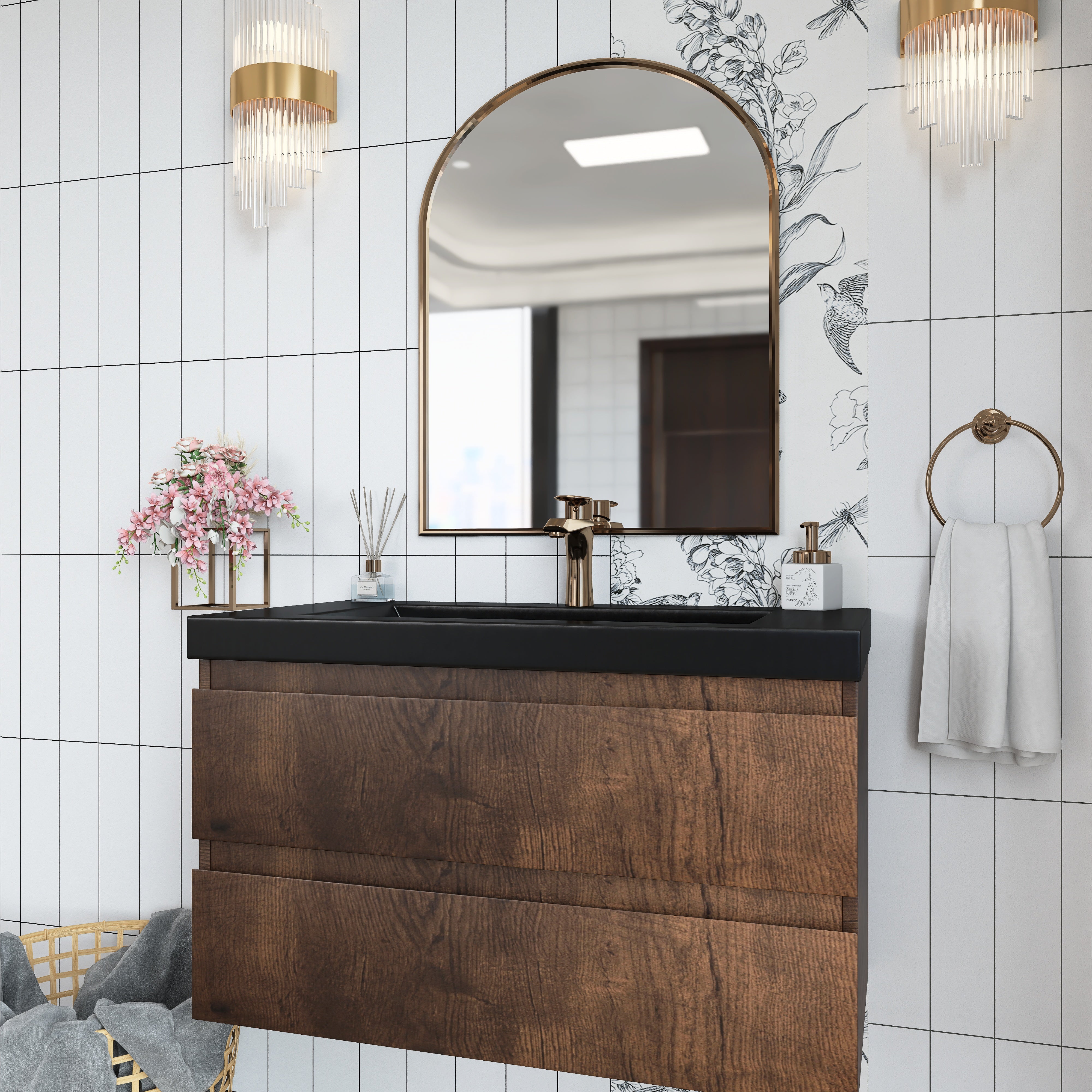 Wall Mounted Bathroom Vanity in Rose Wood with Soft-closing Drawers Black Cultured Marble Sink