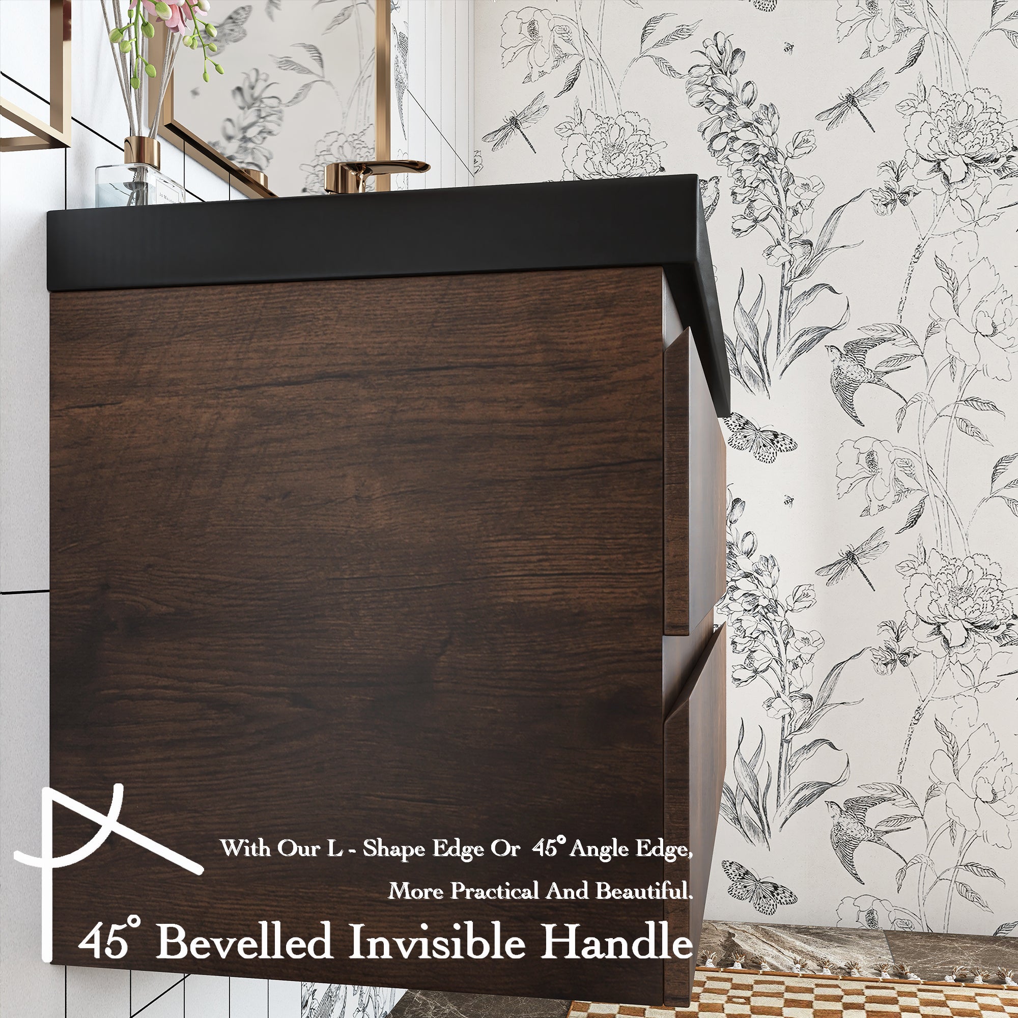 Wall Mounted Bathroom Vanity in Rose Wood with Soft-closing Drawers Black Cultured Marble Sink