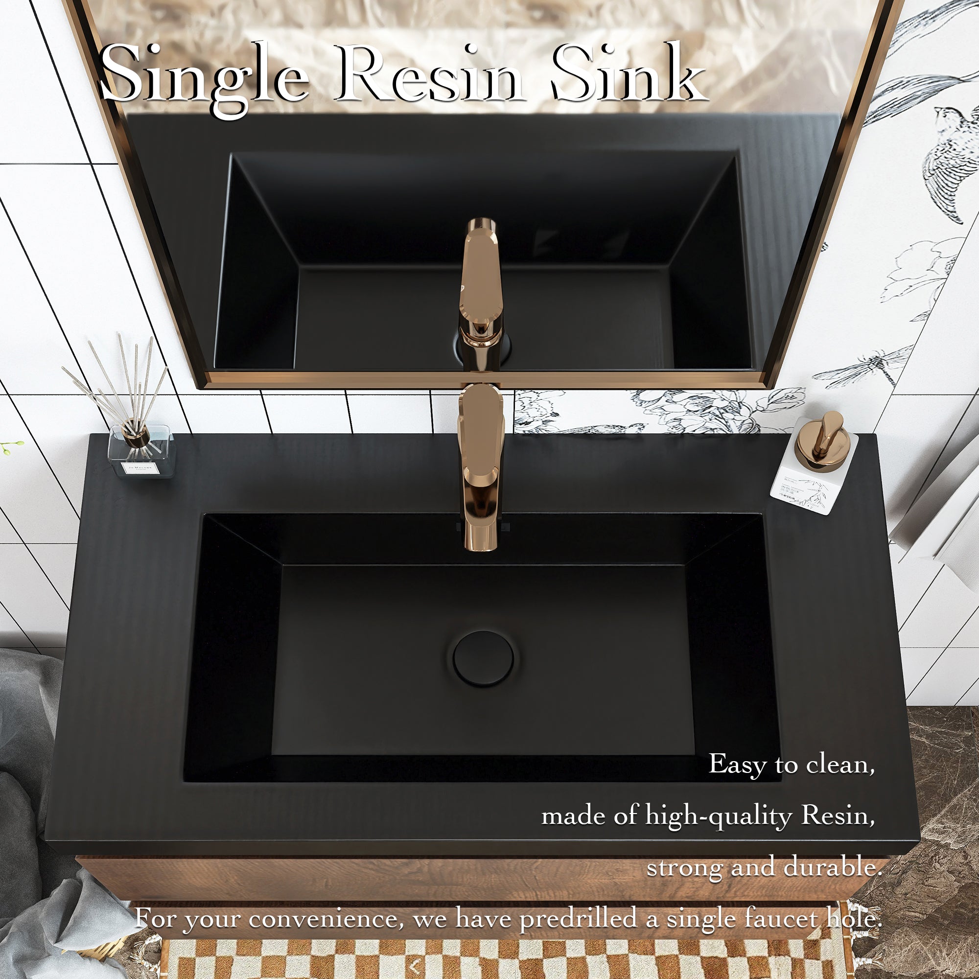 Wall Mounted Bathroom Vanity in Rose Wood with Soft-closing Drawers Black Cultured Marble Sink
