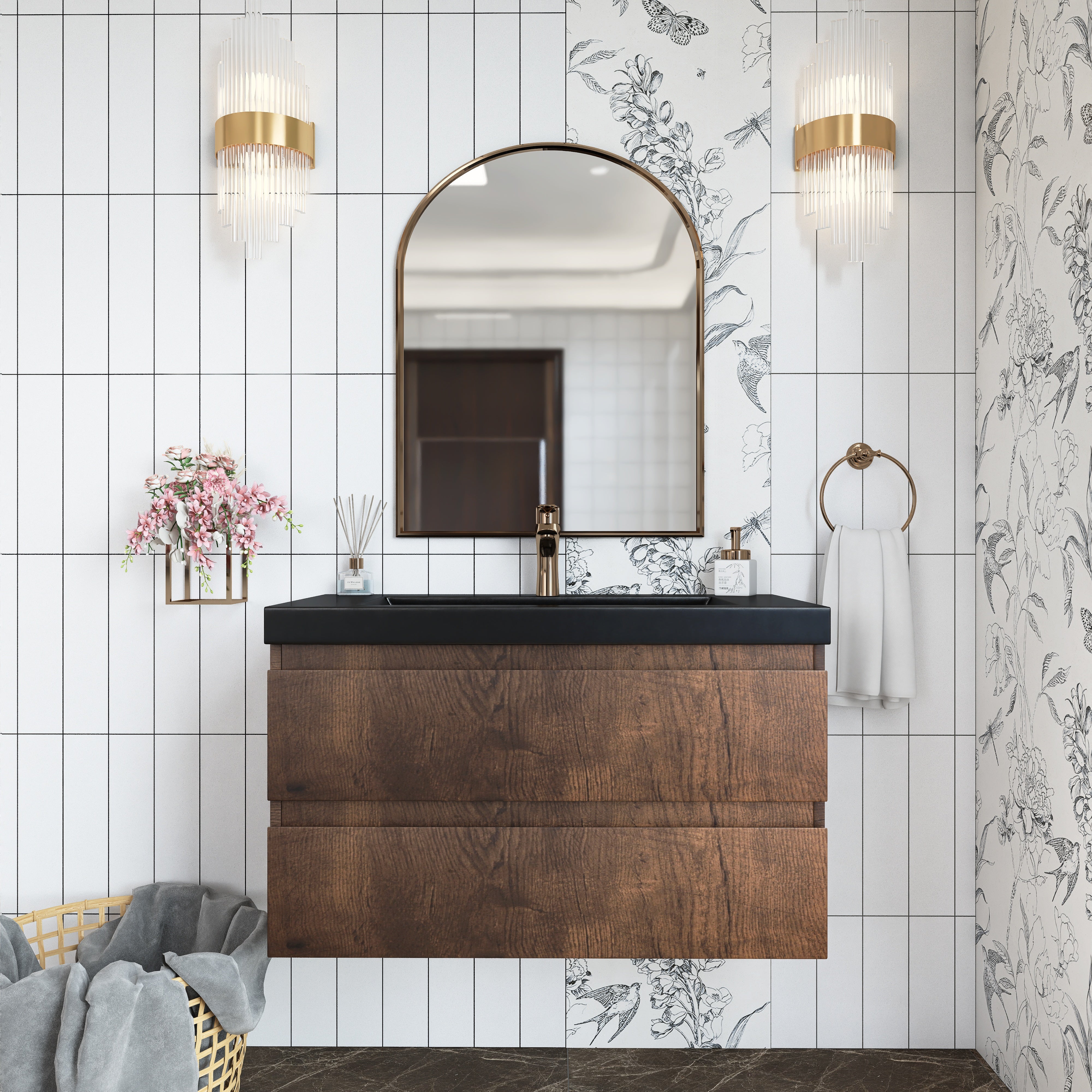 Wall Mounted Bathroom Vanity in Rose Wood with Soft-closing Drawers Black Cultured Marble Sink
