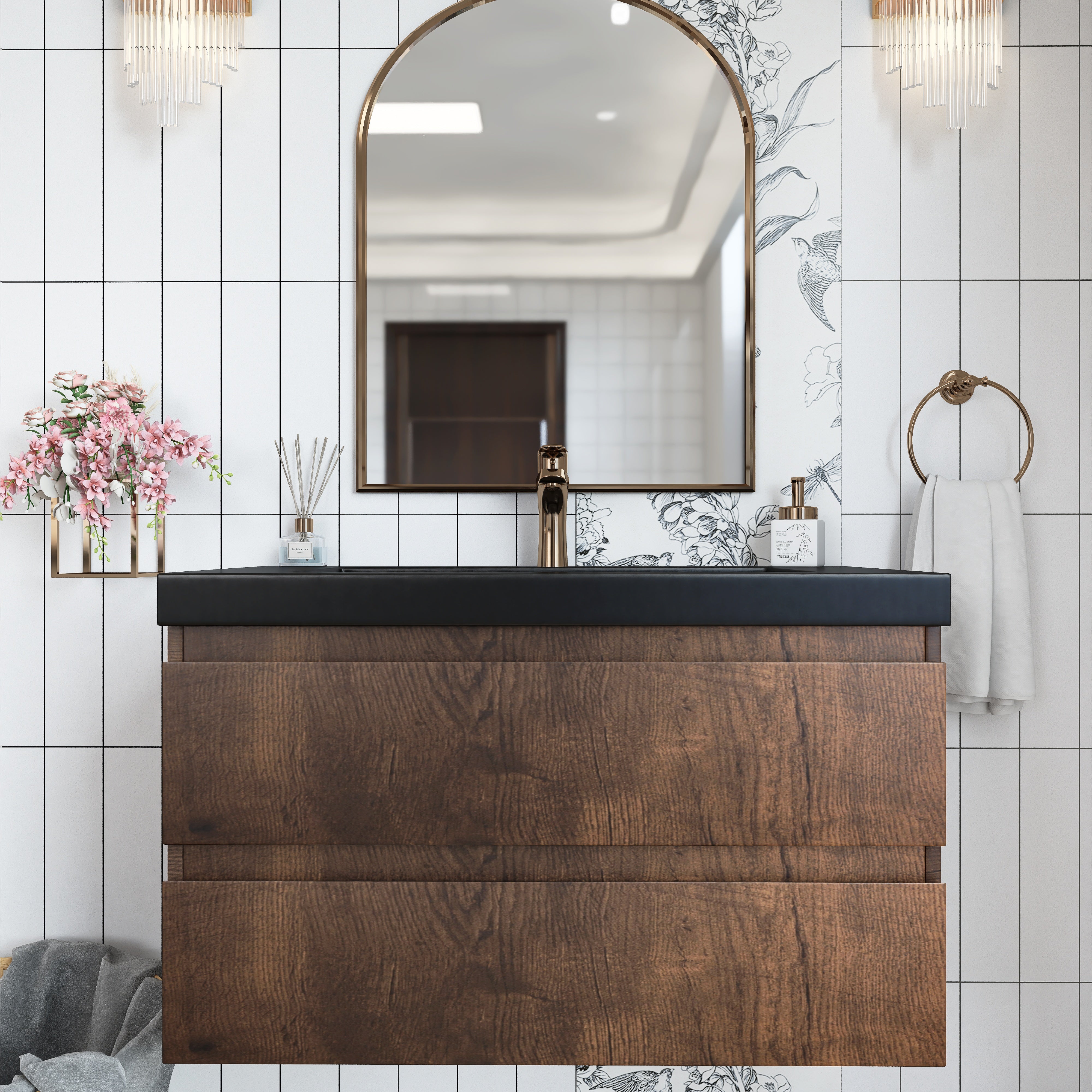 Wall Mounted Bathroom Vanity in Rose Wood with Soft-closing Drawers Black Cultured Marble Sink