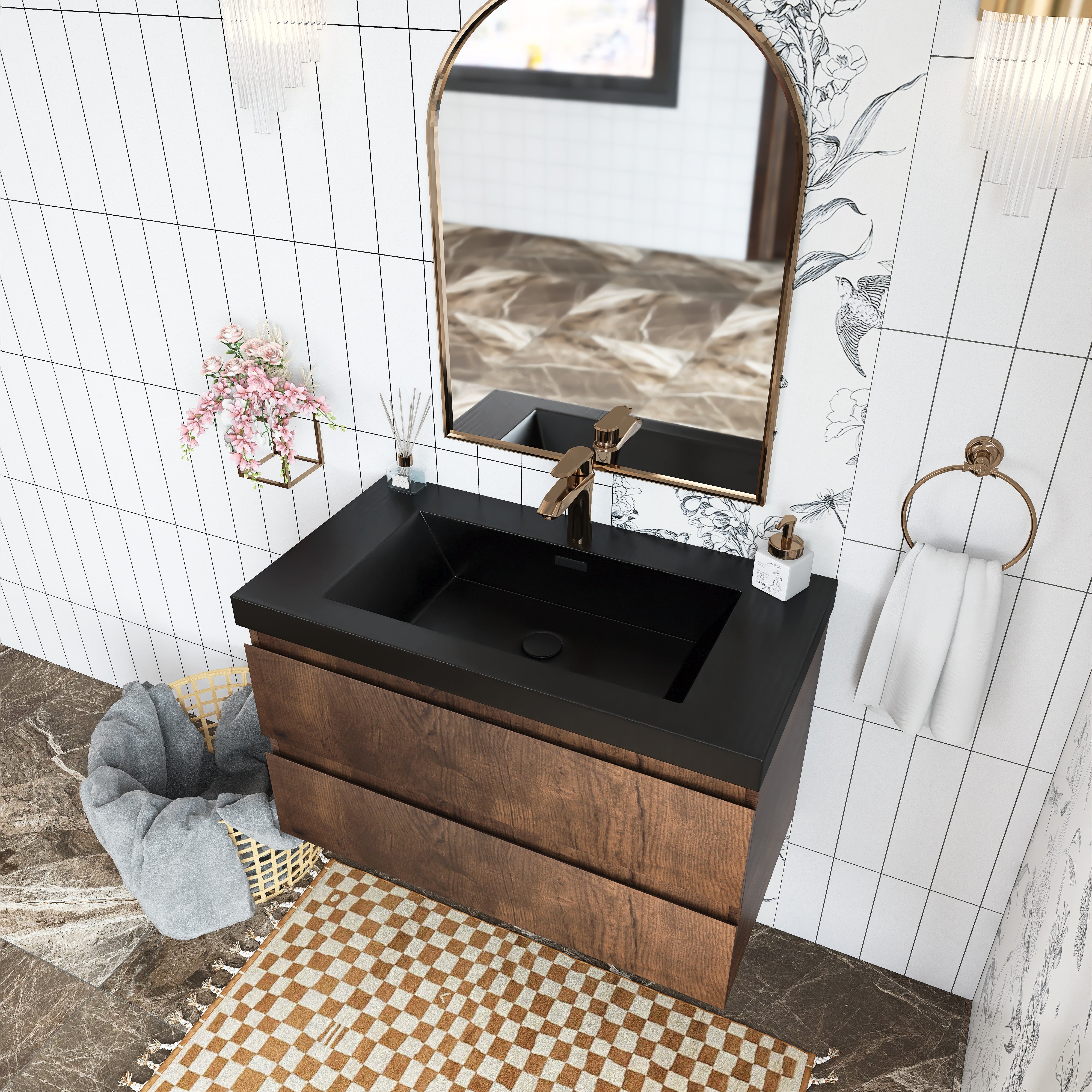 Wall Mounted Bathroom Vanity in Rose Wood with Soft-closing Drawers Black Cultured Marble Sink