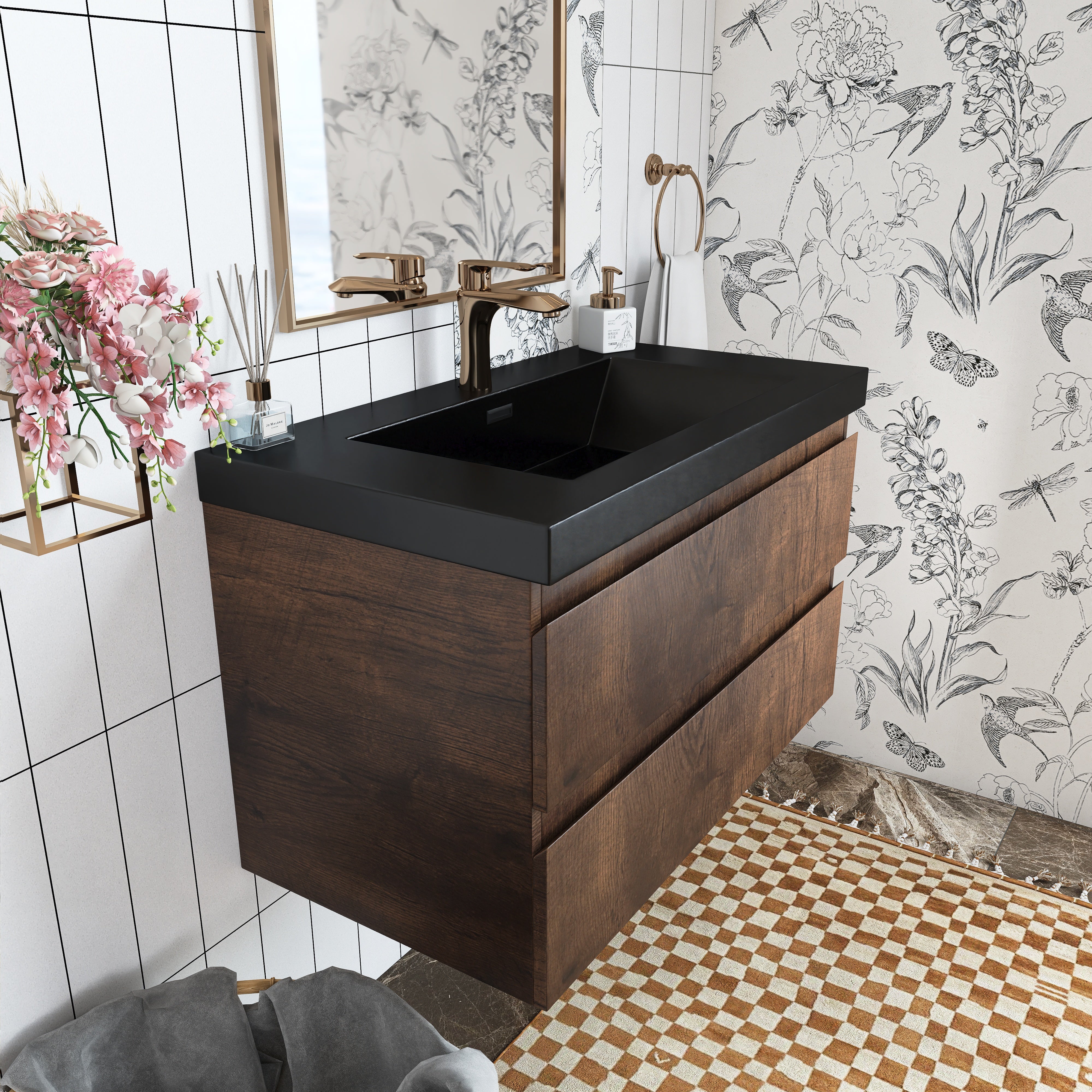 Wall Mounted Bathroom Vanity in Rose Wood with Soft-closing Drawers Black Cultured Marble Sink