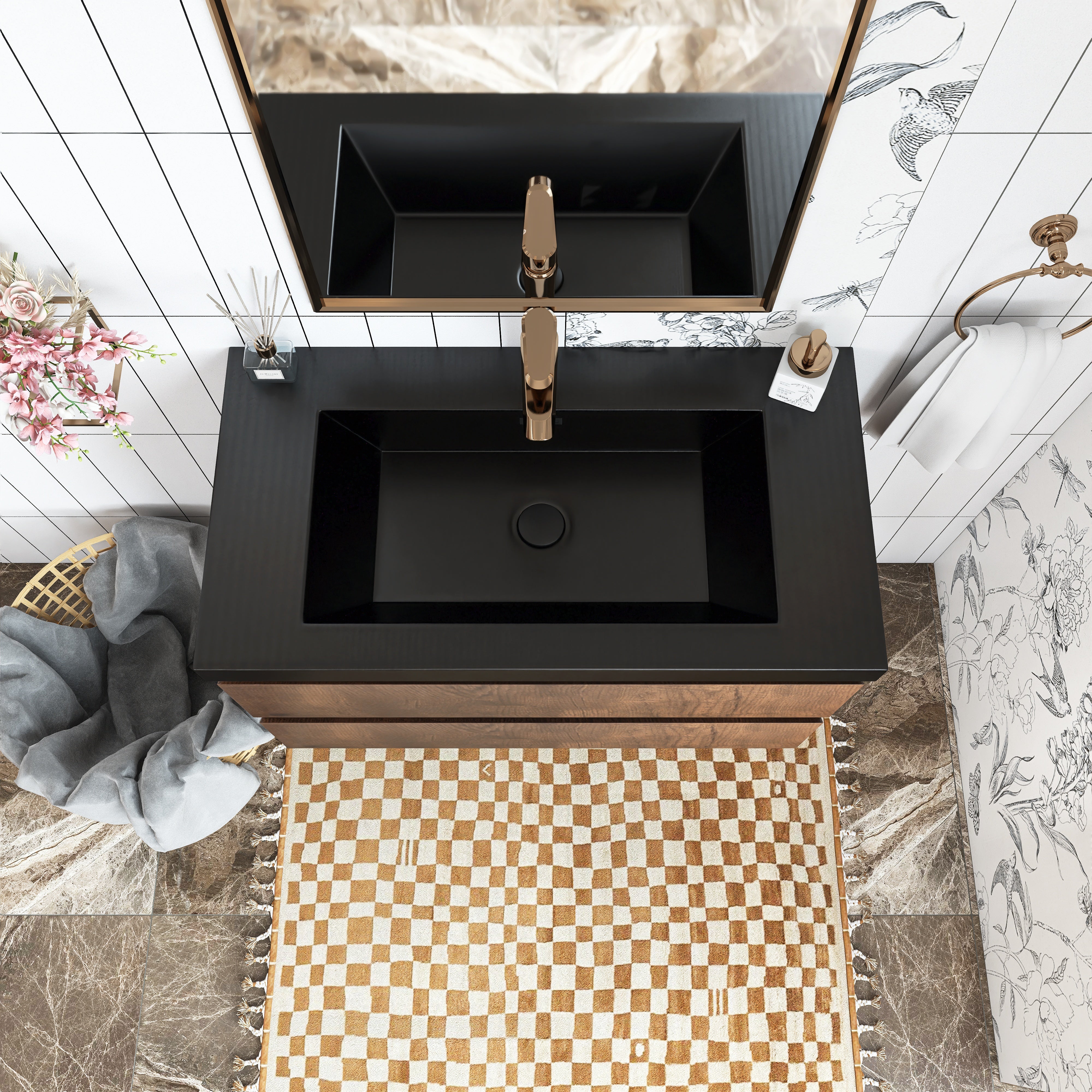 Wall Mounted Bathroom Vanity in Rose Wood with Soft-closing Drawers Black Cultured Marble Sink