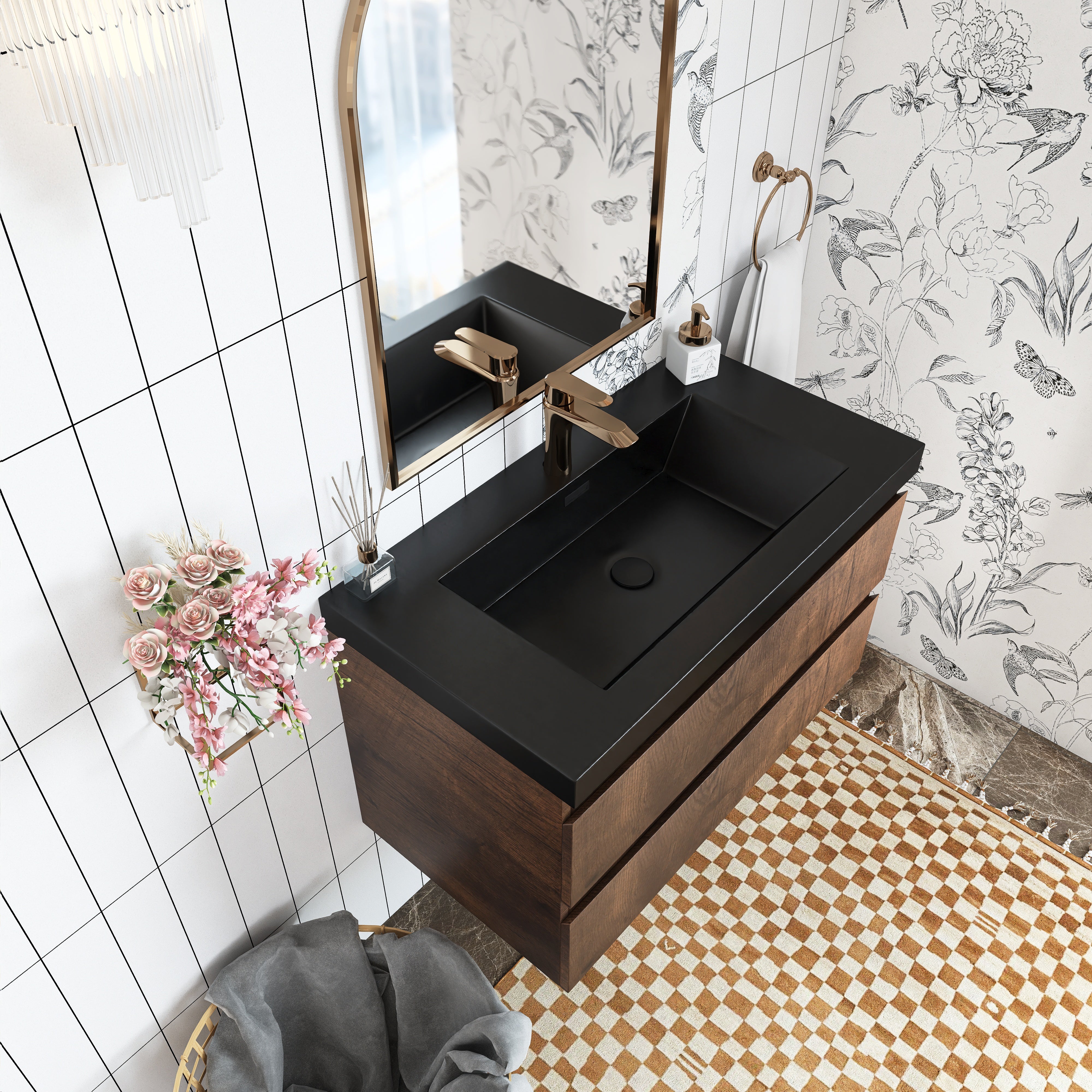 Wall Mounted Bathroom Vanity in Rose Wood with Soft-closing Drawers Black Cultured Marble Sink