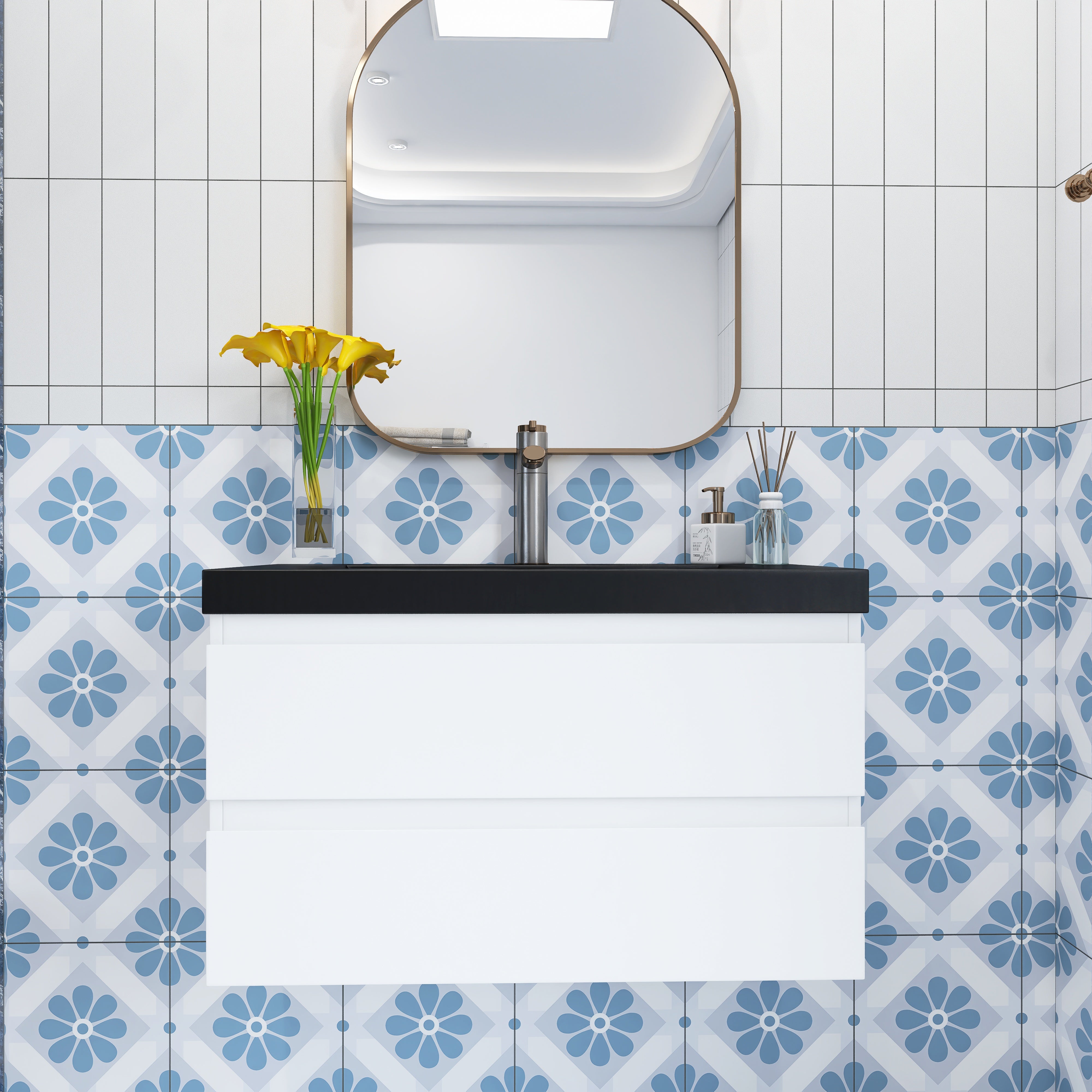 Wall Mounted Bathroom Vanity Set in White with Integrated Black Resin Sink with Drain