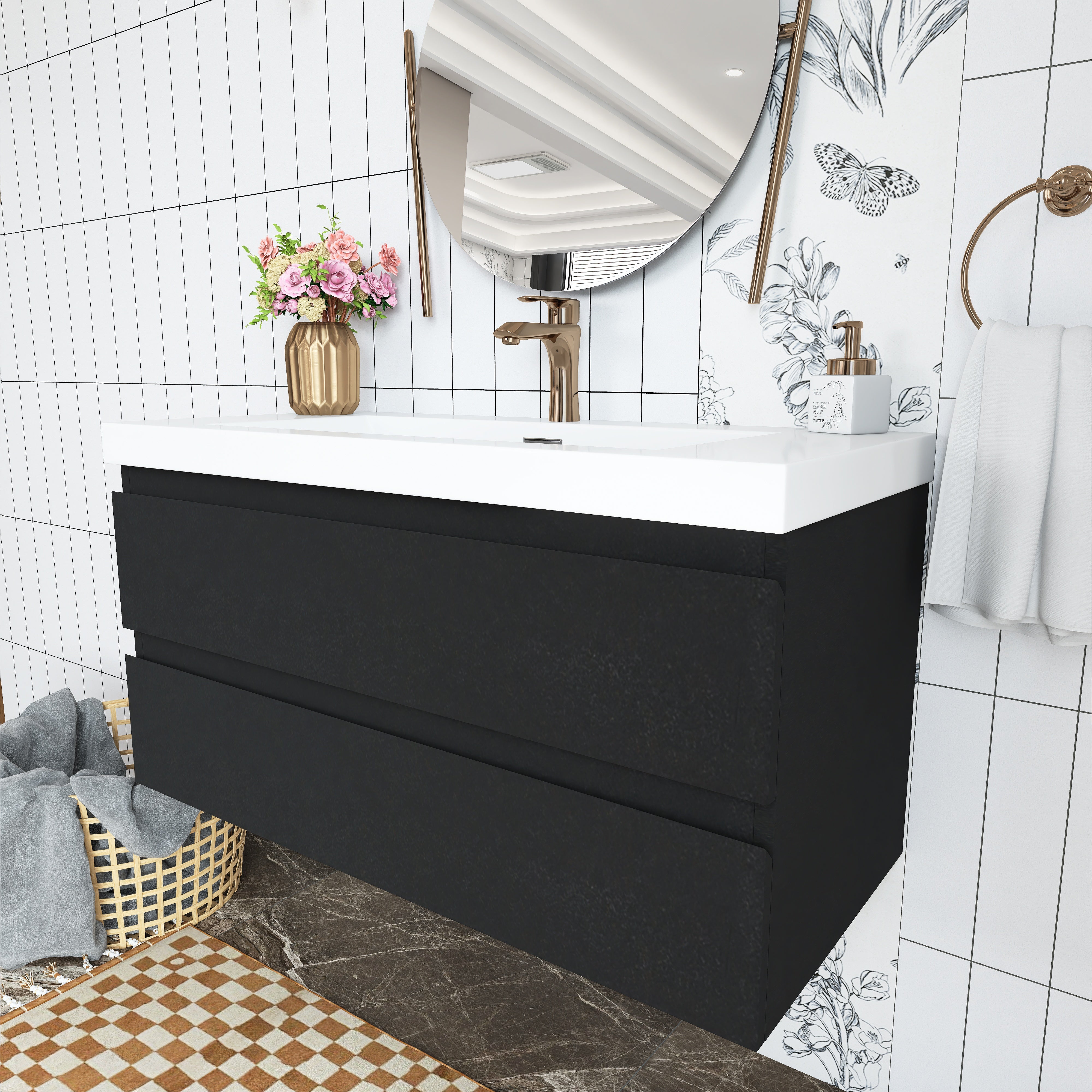 Wall Mounted Bathroom Vanity in Black with Cultured Marble Sink