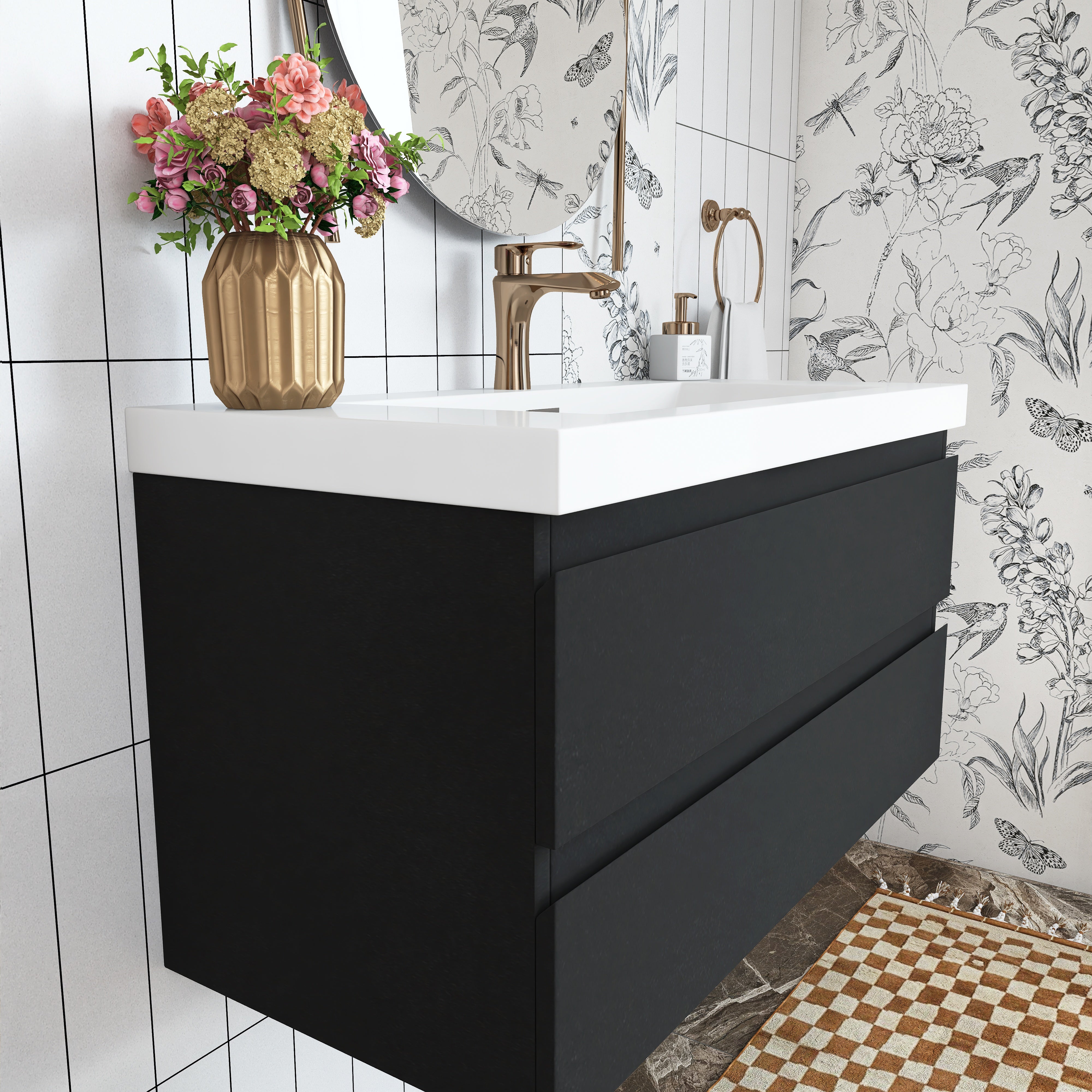 Wall Mounted Bathroom Vanity in Black with Cultured Marble Sink