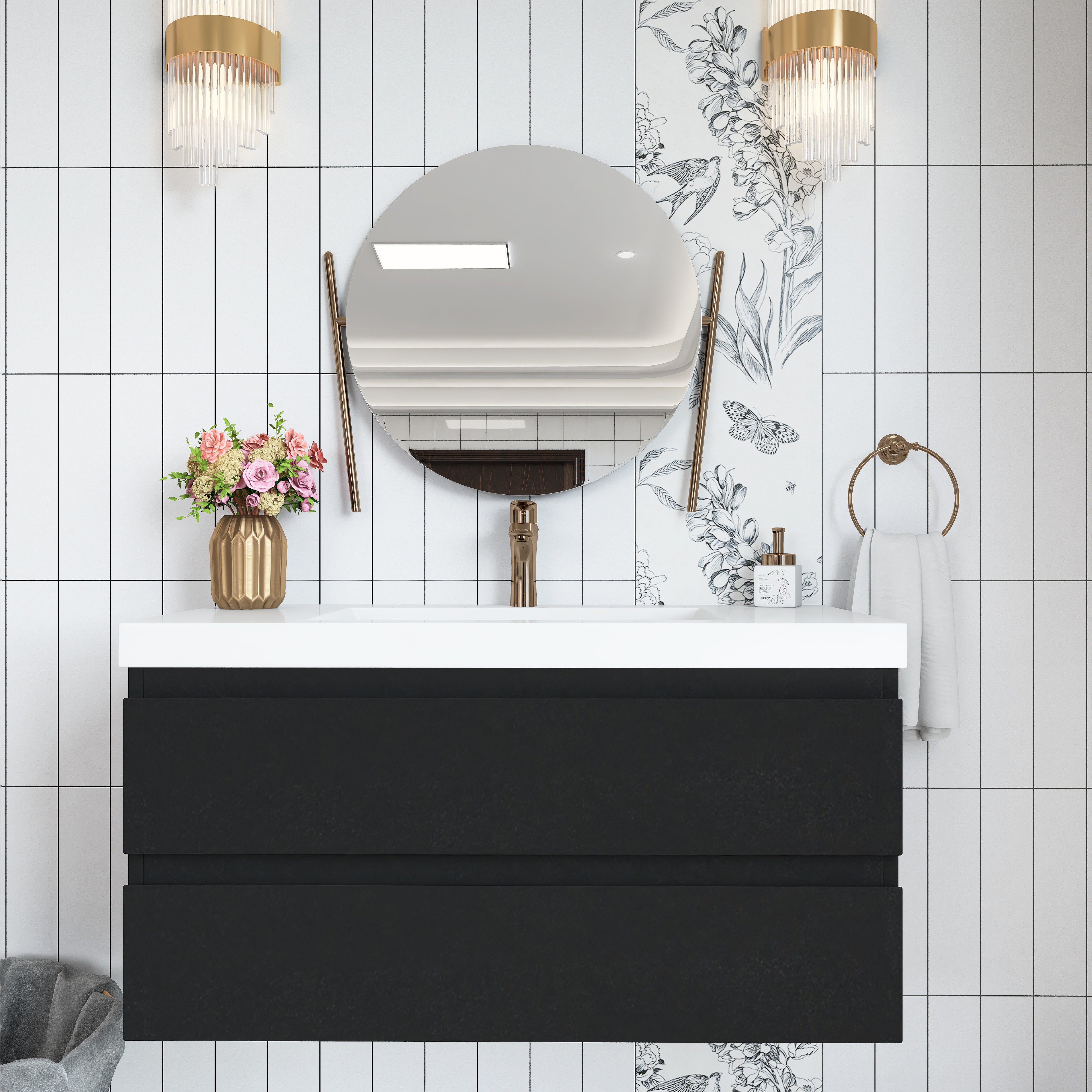 Wall Mounted Bathroom Vanity in Black with Cultured Marble Sink