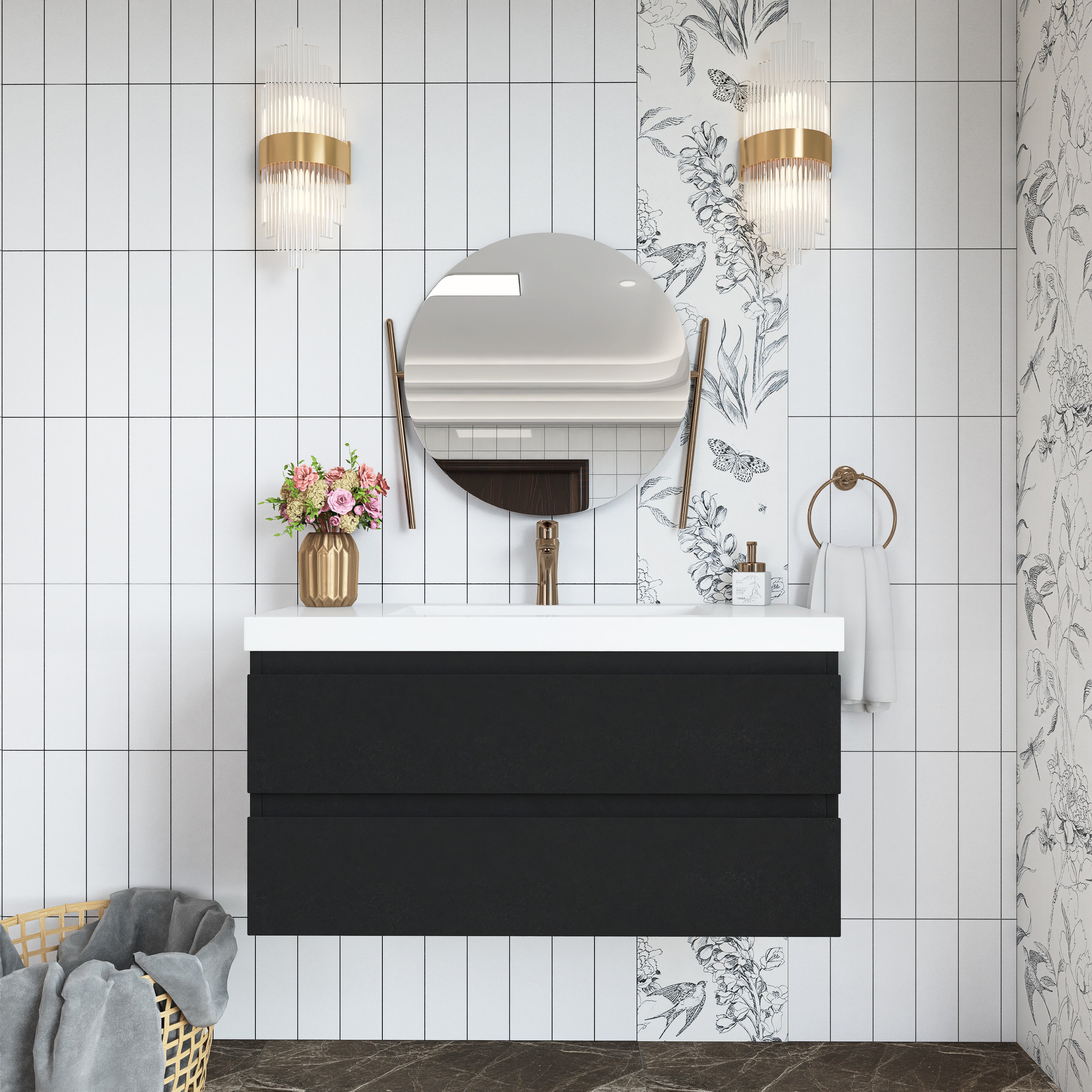 Wall Mounted Bathroom Vanity in Black with Cultured Marble Sink