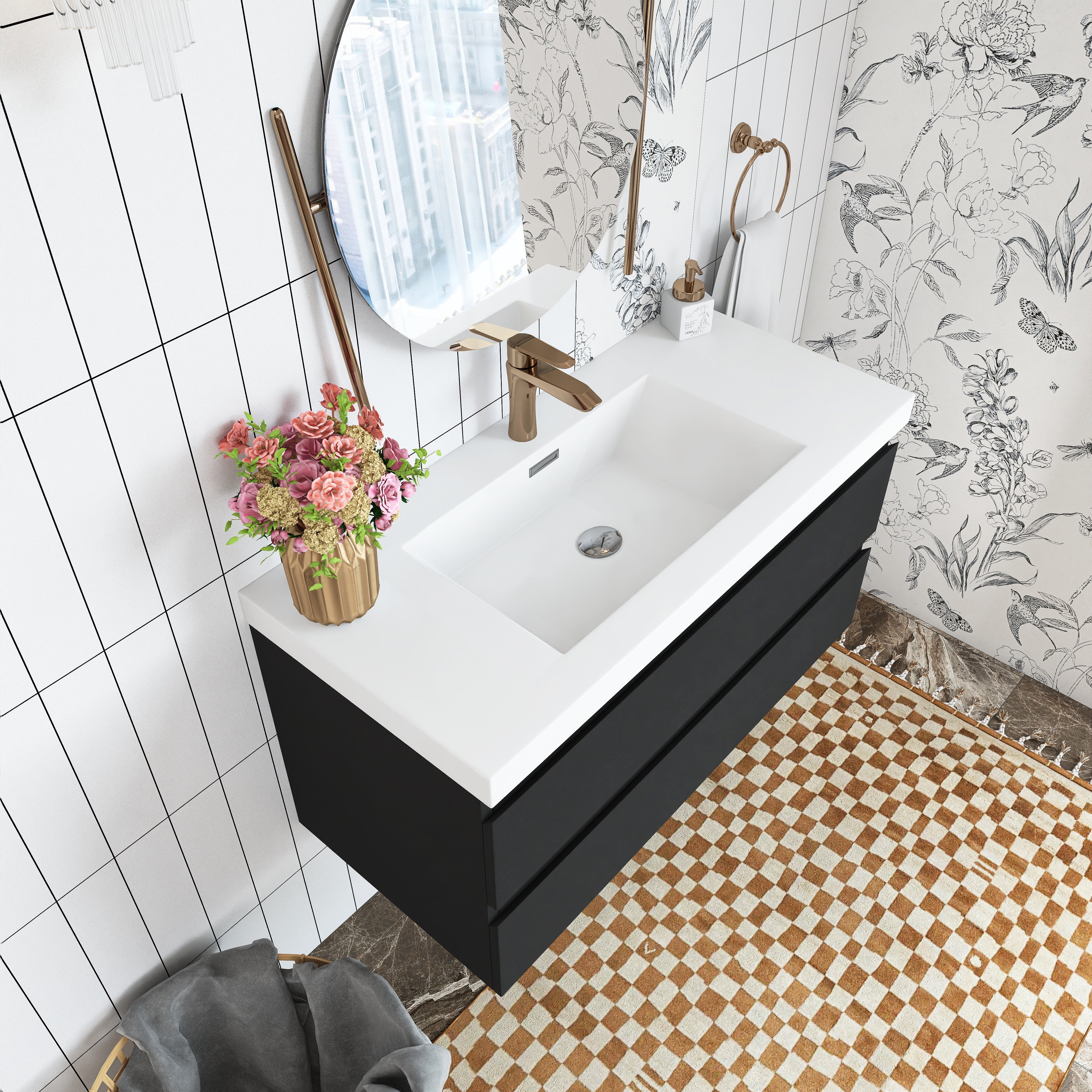 Wall Mounted Bathroom Vanity in Black with Cultured Marble Sink