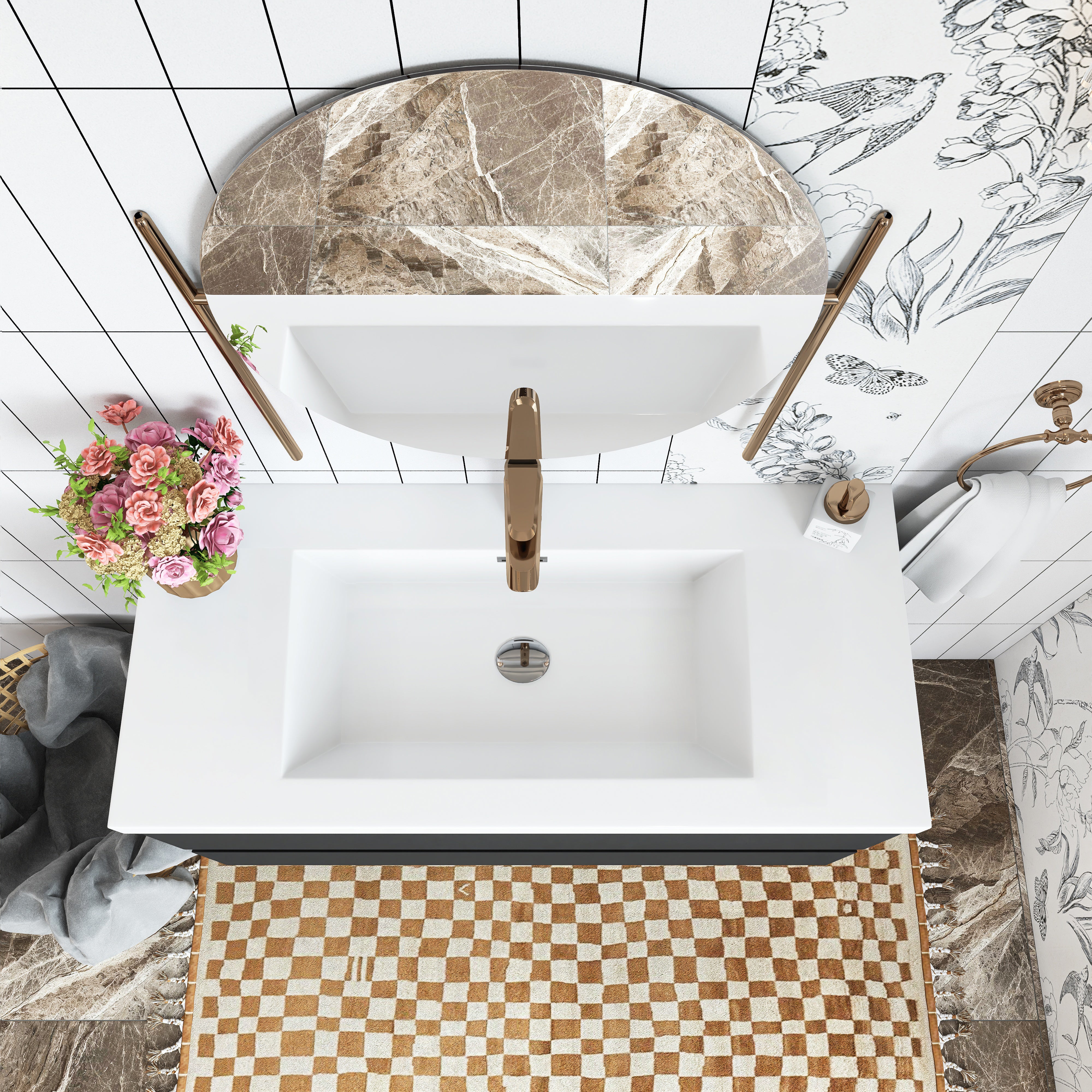 Wall Mounted Bathroom Vanity in Black with Cultured Marble Sink