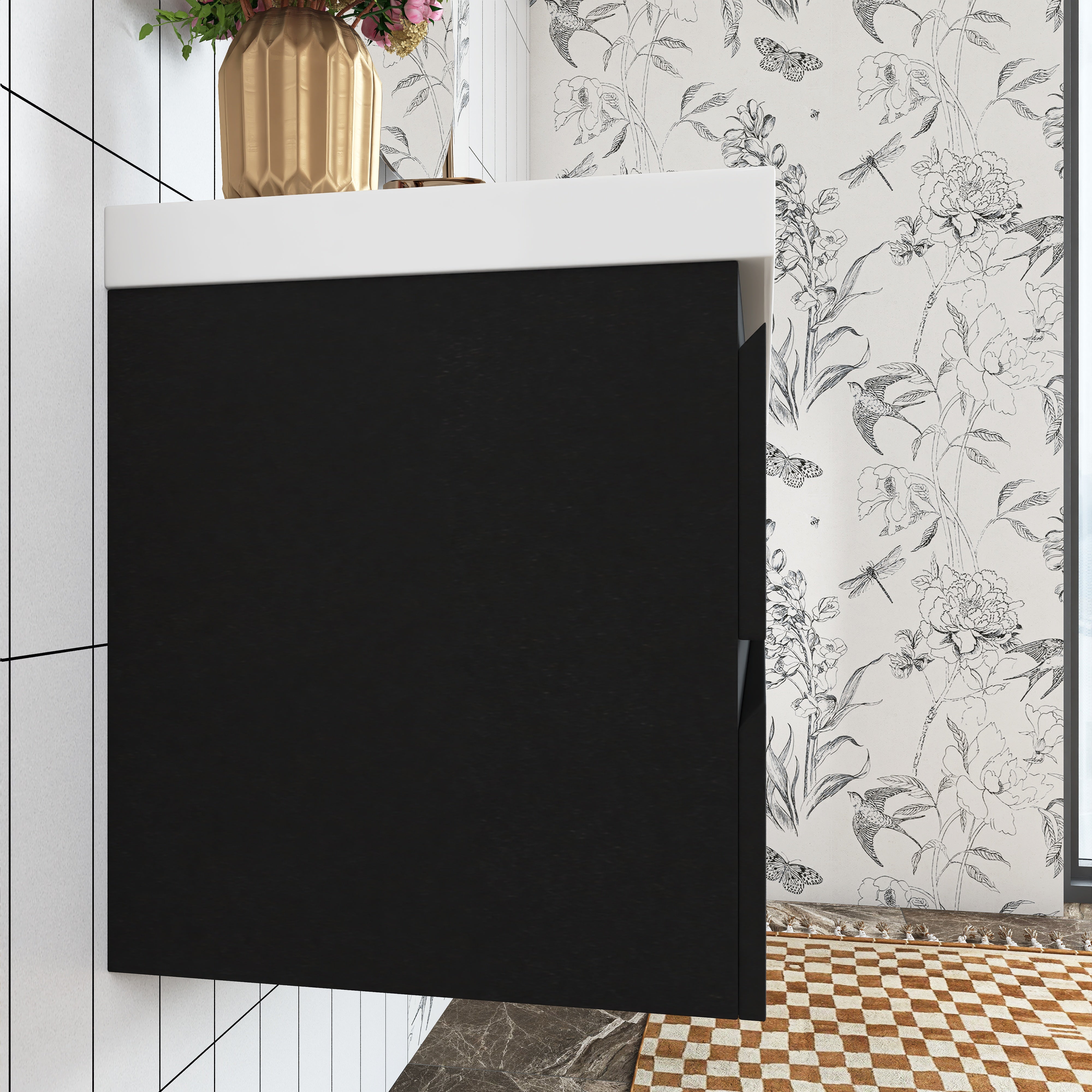 Wall Mounted Bathroom Vanity in Black with Cultured Marble Sink