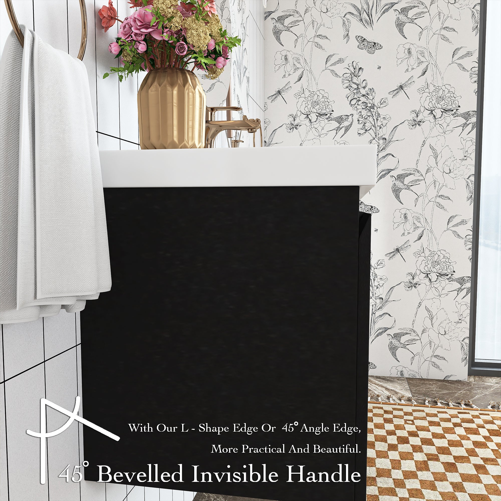 Wall Mounted Bathroom Vanity in Black with Cultured Marble Sink