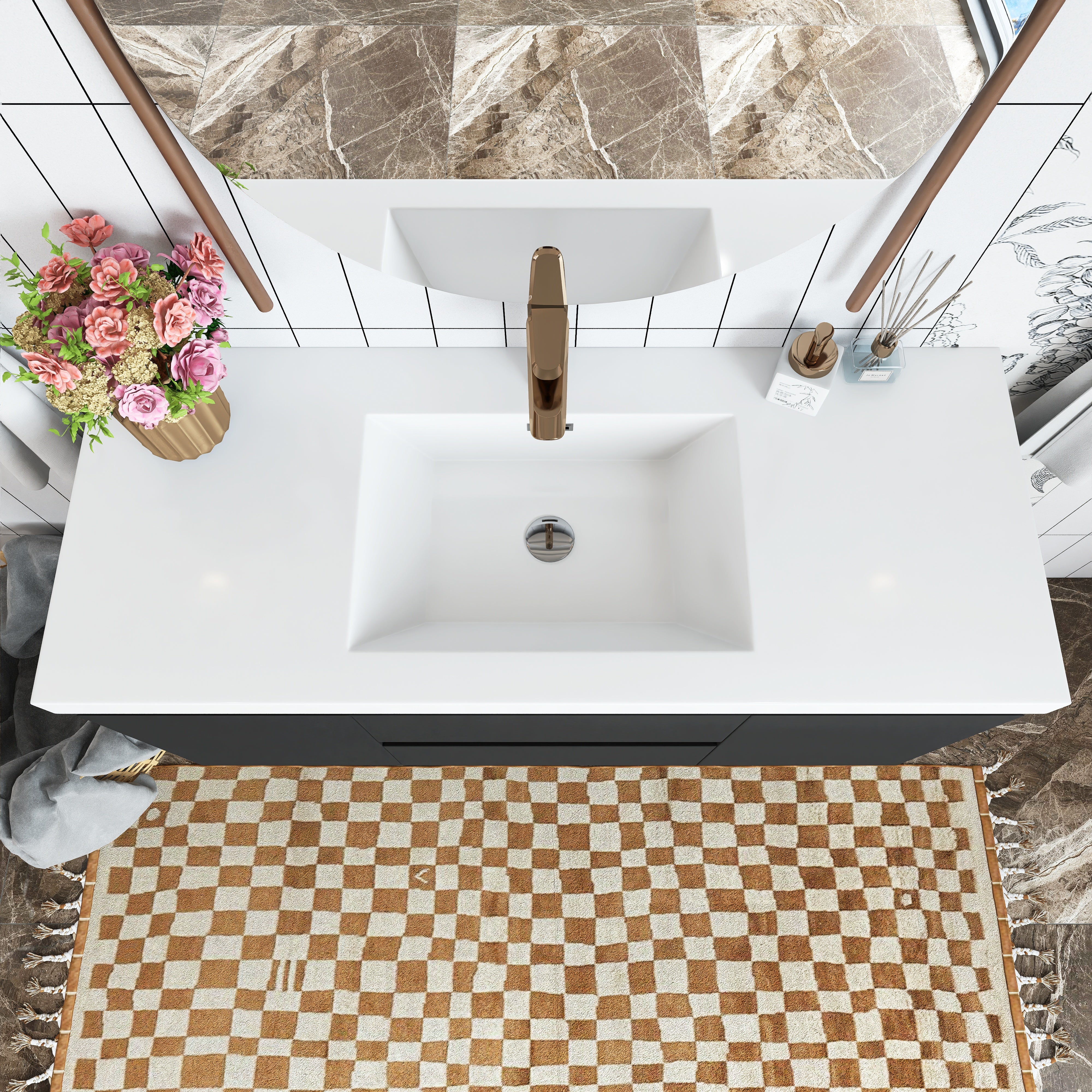 Wall Mounted Bathroom Vanity in Black with Cultured Marble Sink