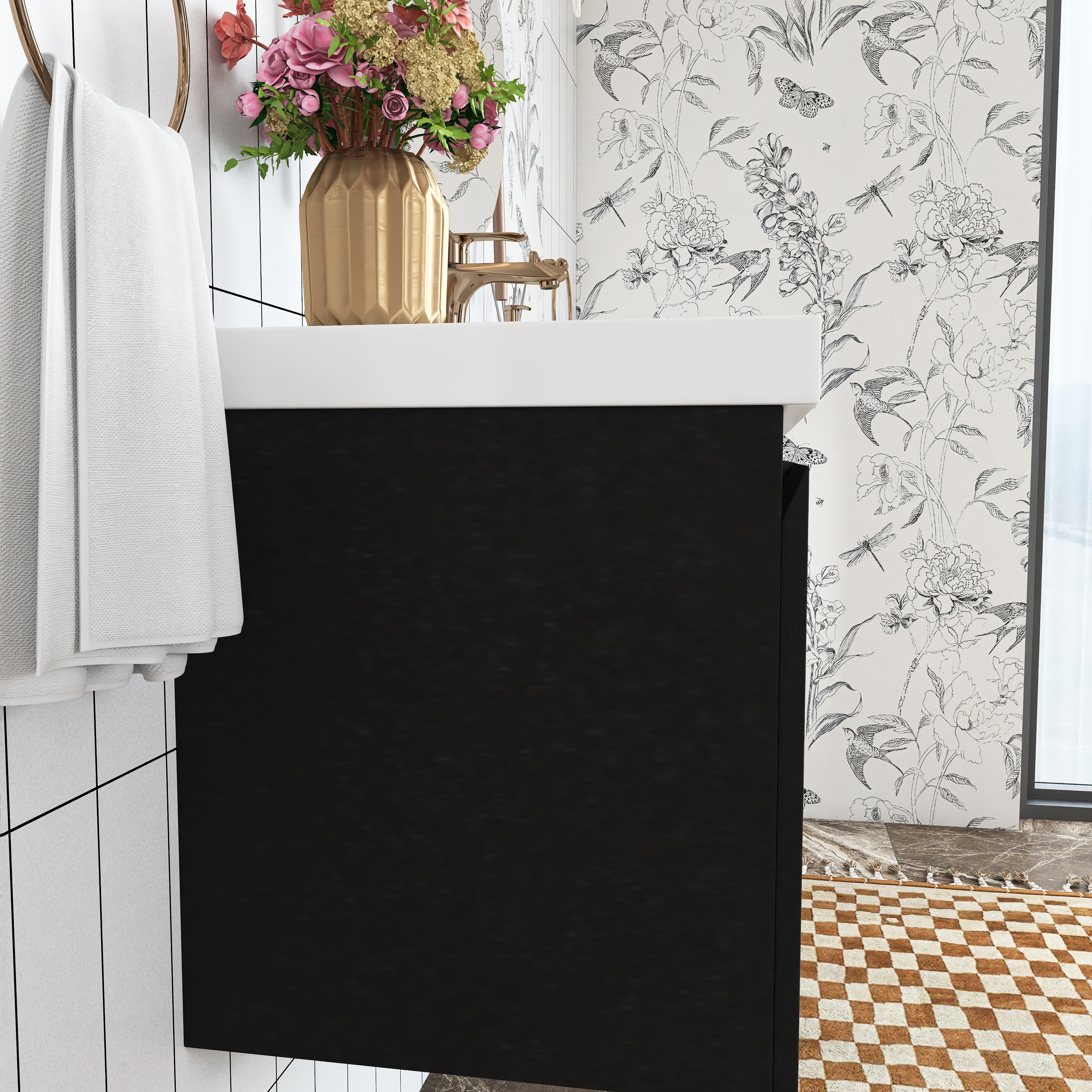 Wall Mounted Bathroom Vanity in Black with Cultured Marble Sink