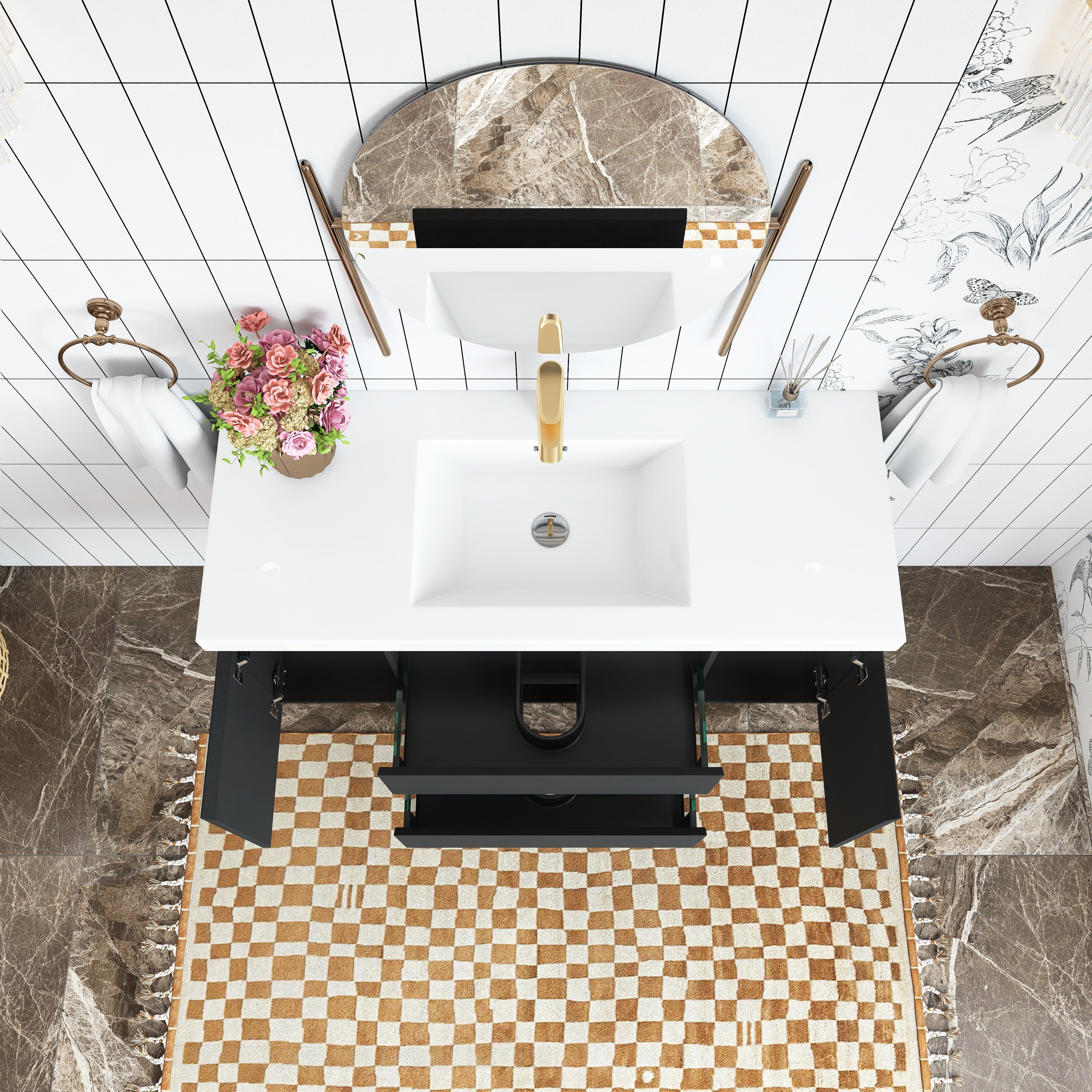 Wall Mounted Bathroom Vanity in Black with Cultured Marble Sink