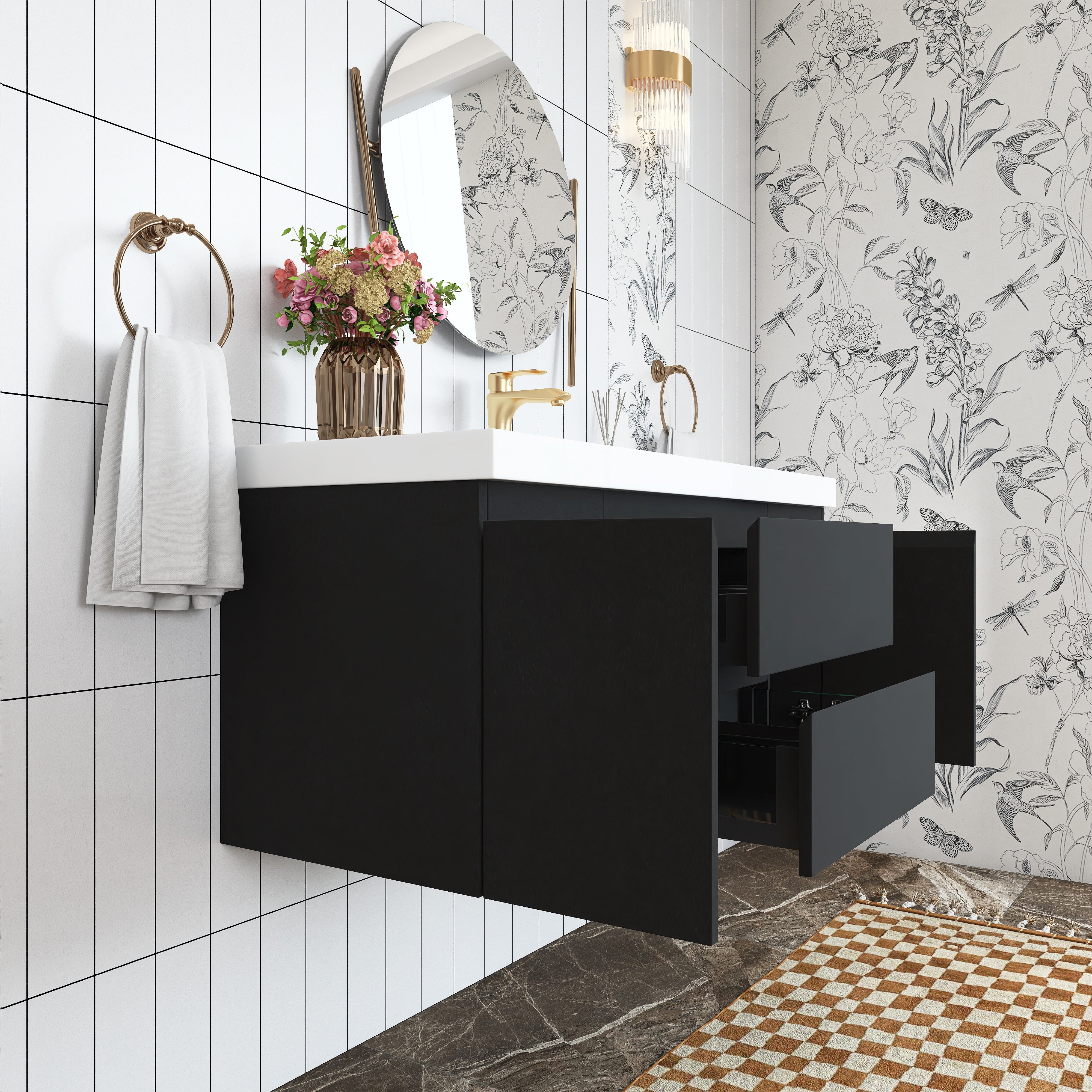 Wall Mounted Bathroom Vanity in Black with Cultured Marble Sink