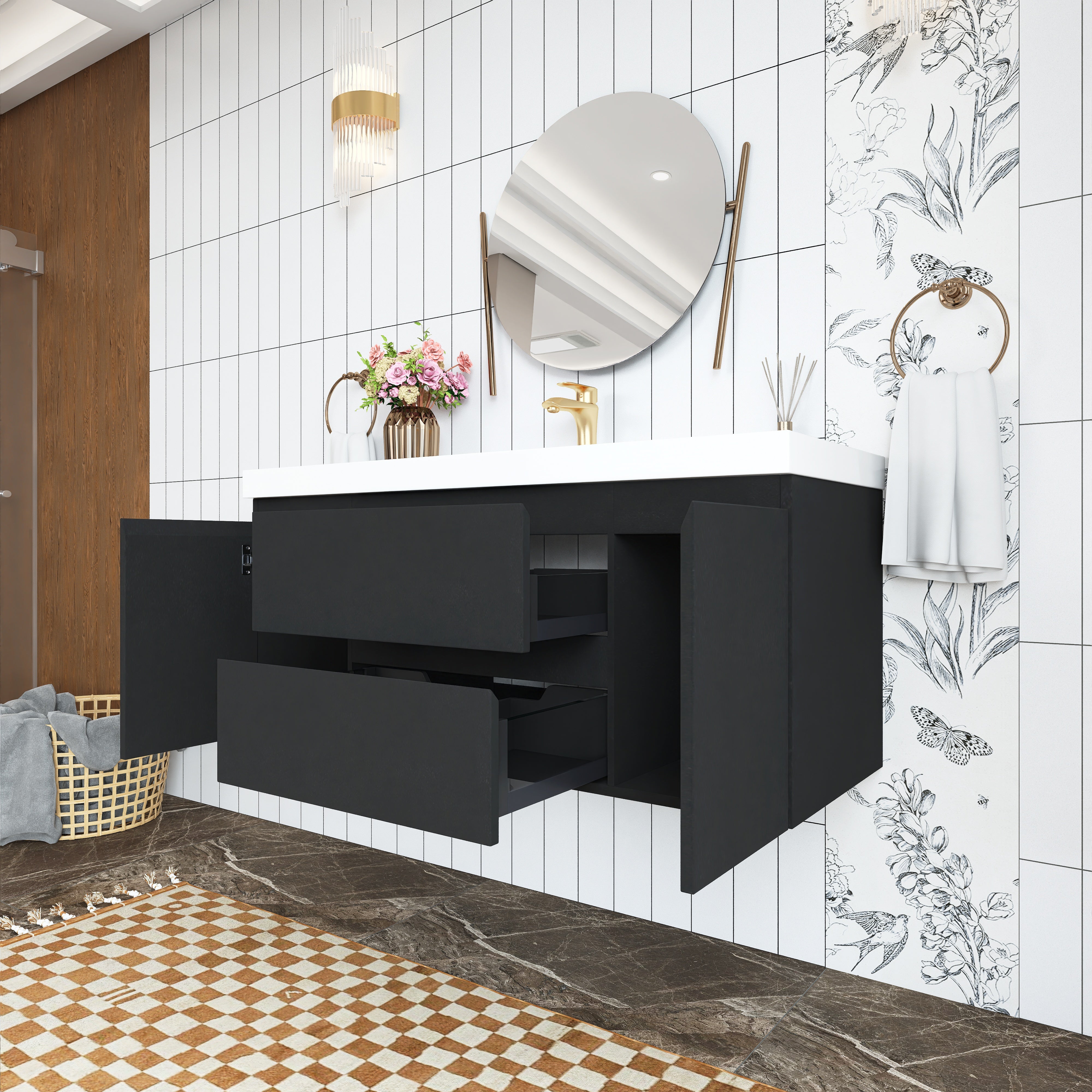 Wall Mounted Bathroom Vanity in Black with Cultured Marble Sink