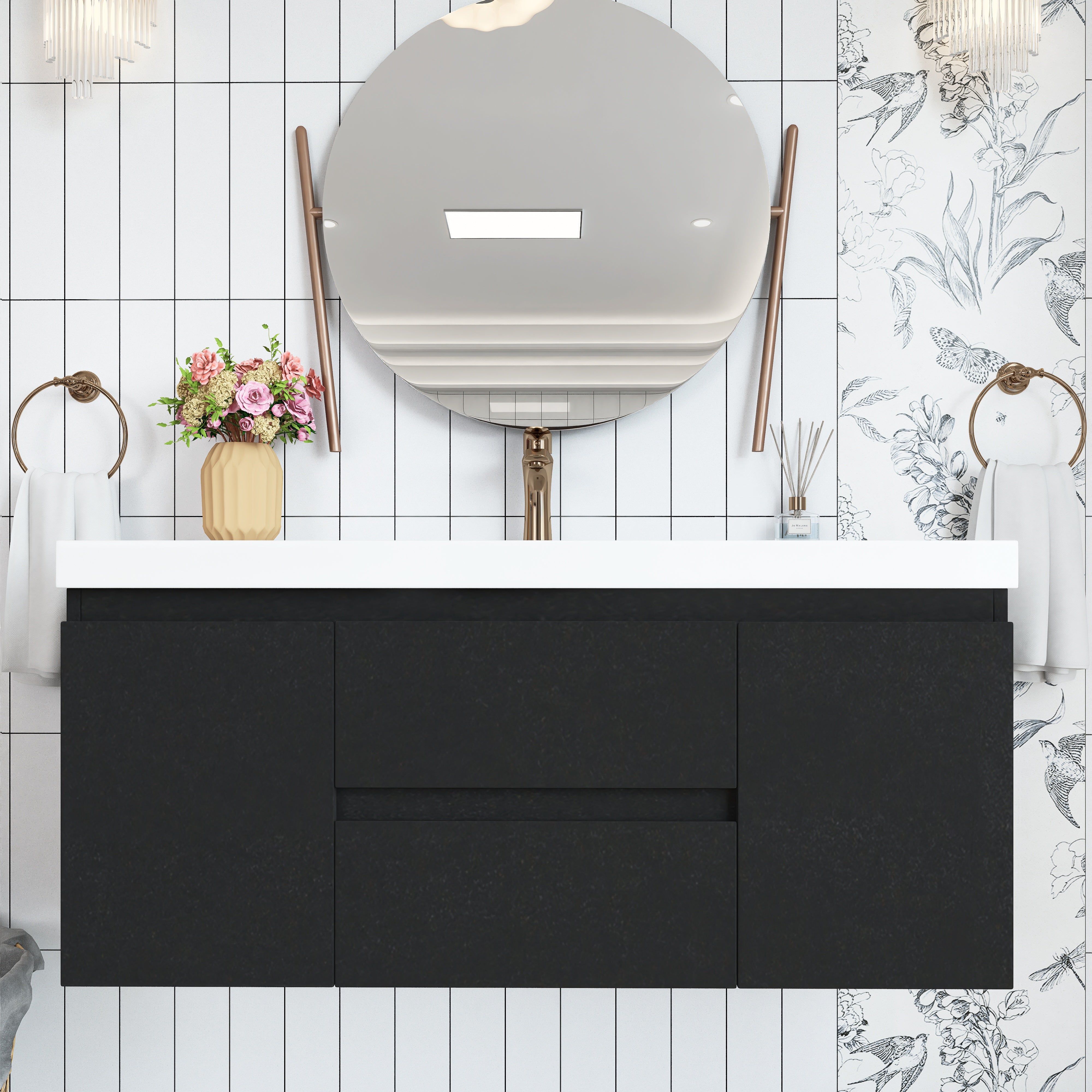 Wall Mounted Bathroom Vanity in Black with Cultured Marble Sink