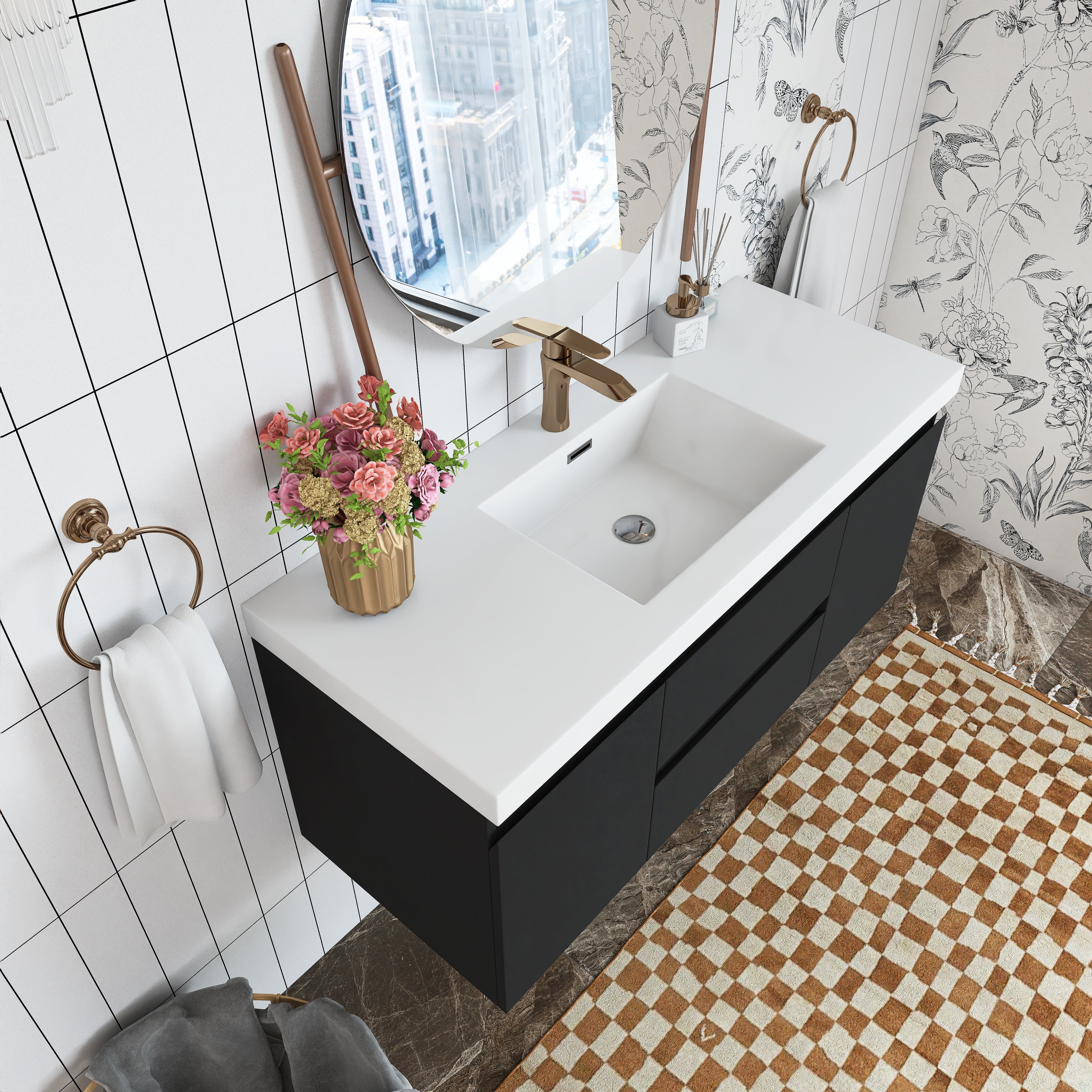 Wall Mounted Bathroom Vanity in Black with Cultured Marble Sink