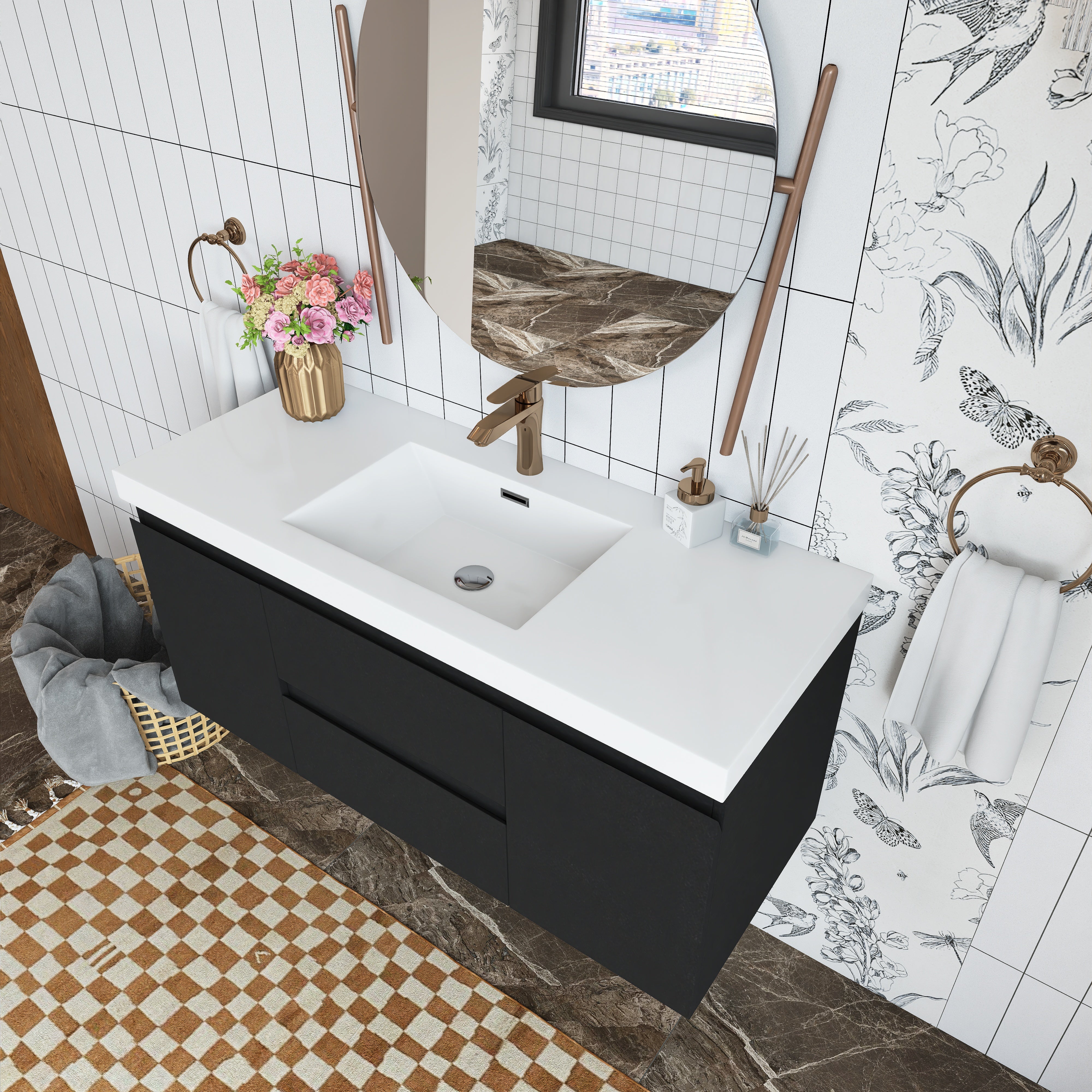 Wall Mounted Bathroom Vanity in Black with Cultured Marble Sink