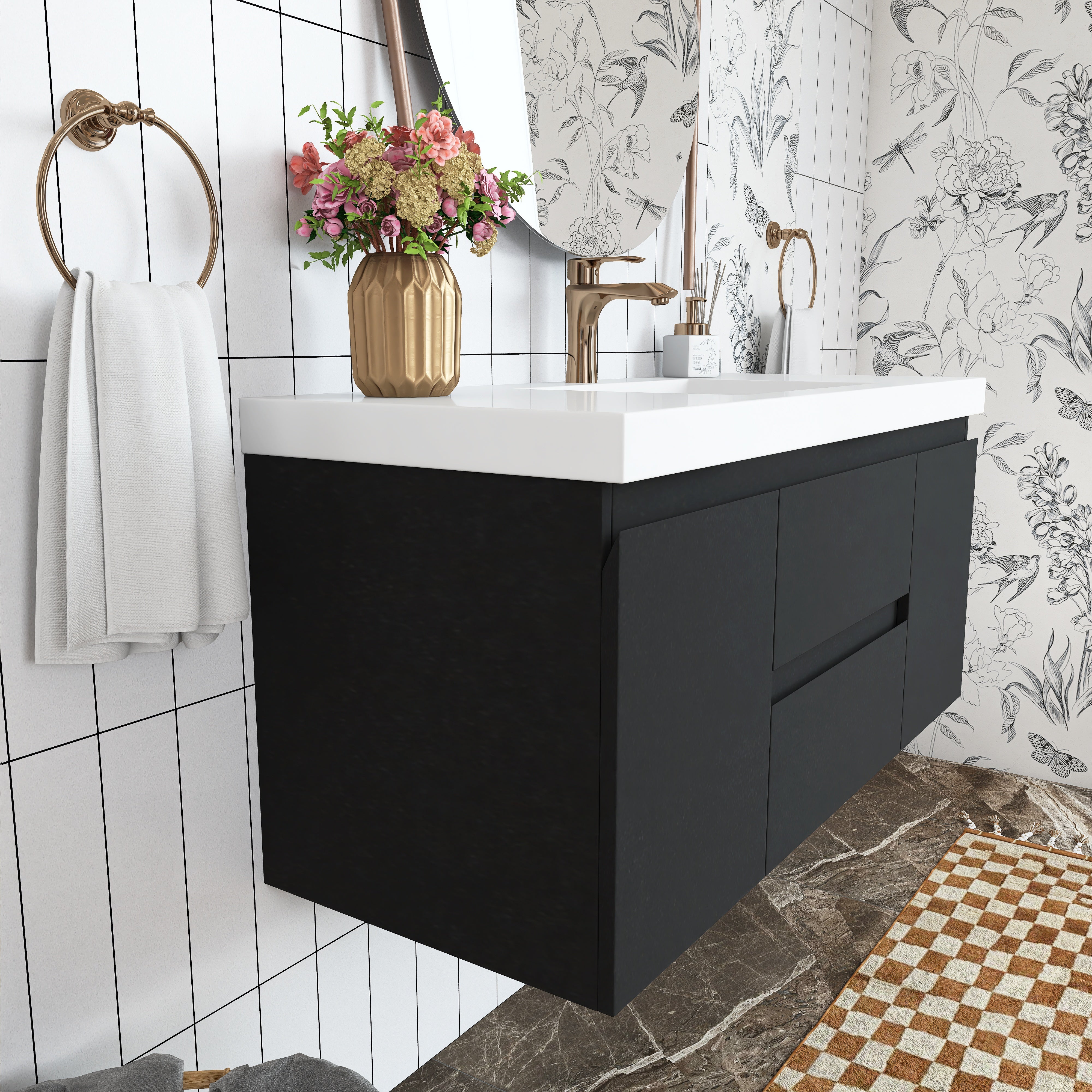 Wall Mounted Bathroom Vanity in Black with Cultured Marble Sink