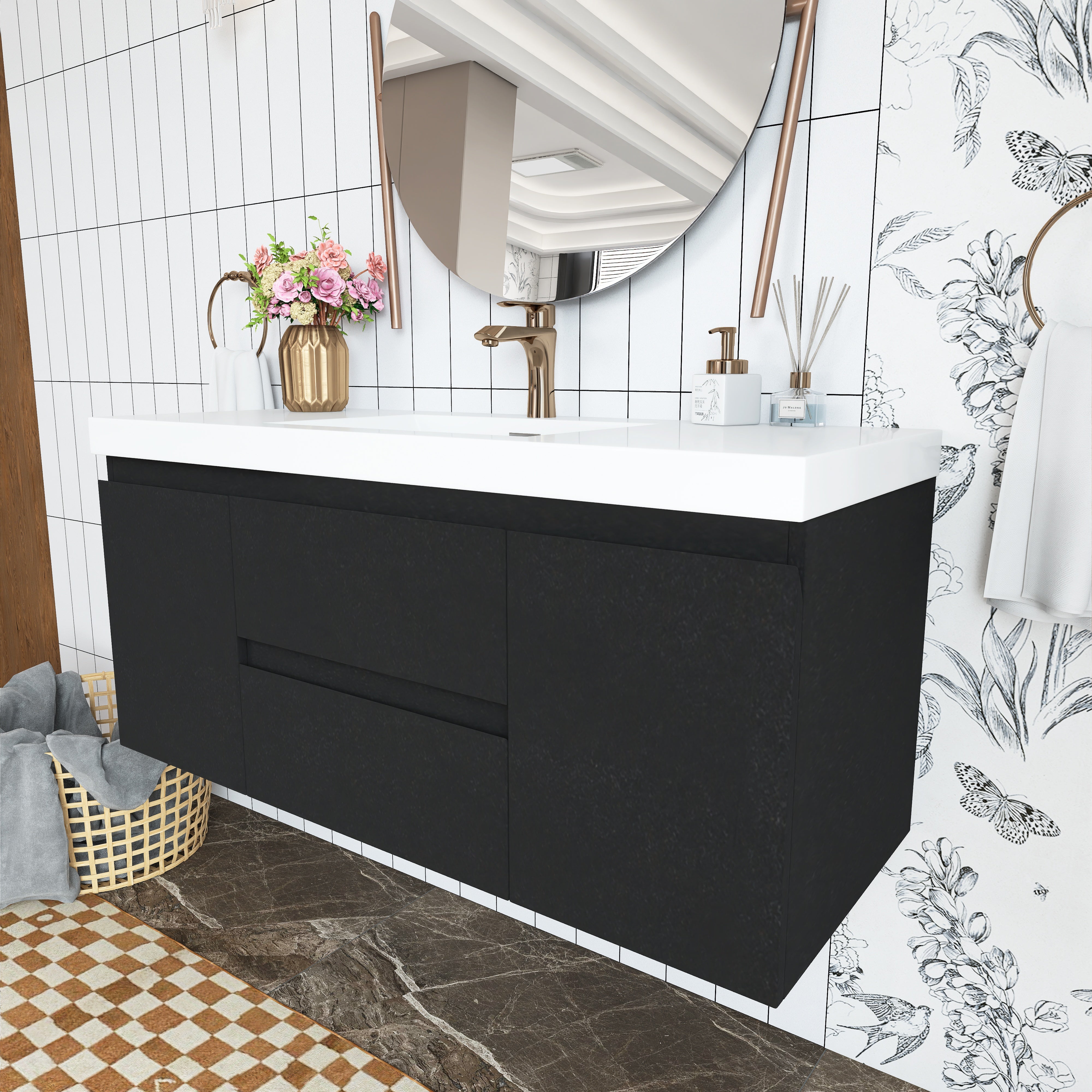 Wall Mounted Bathroom Vanity in Black with Cultured Marble Sink