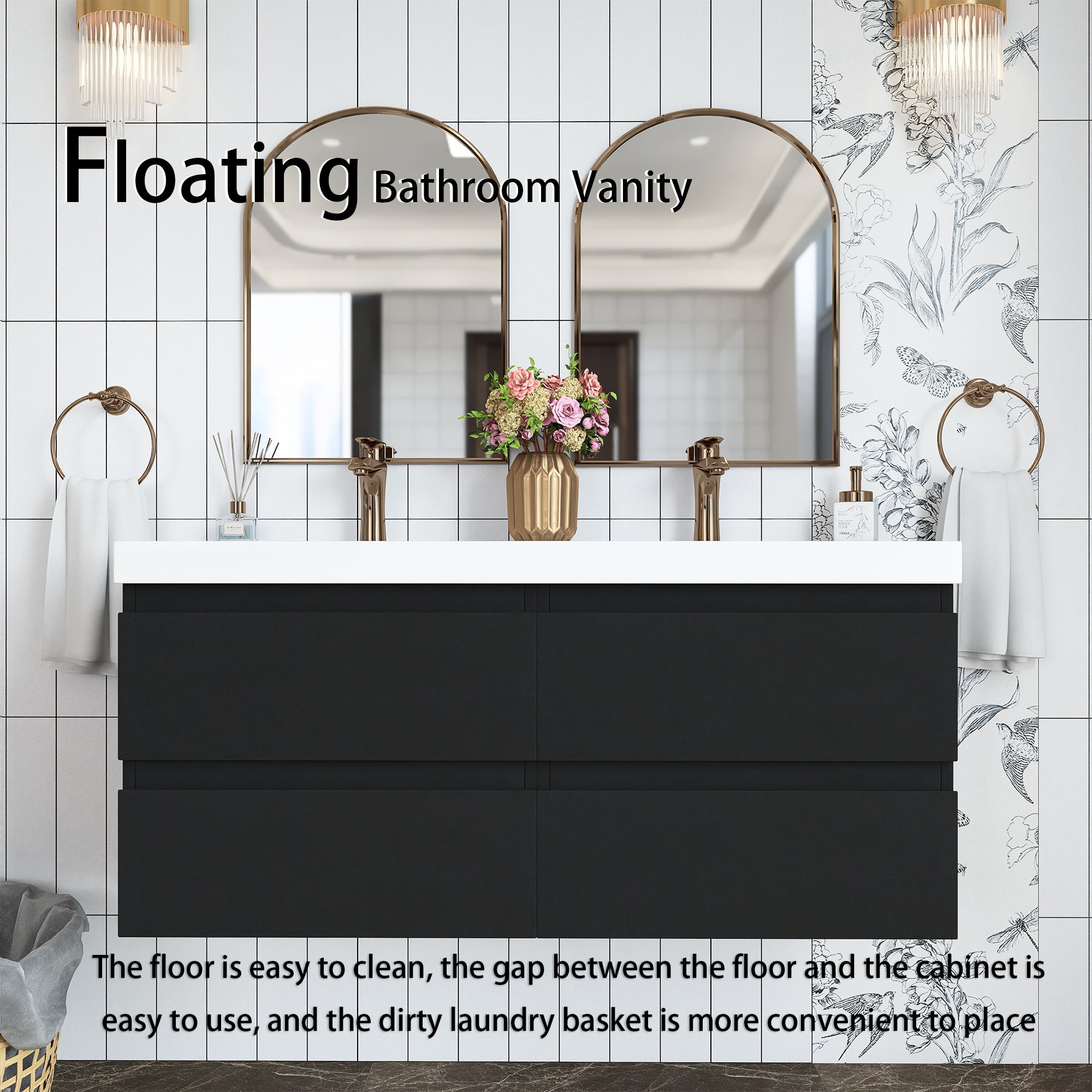 48 inch Wall Mounted Bathroom Vanity Set with Integrated Resin Sink with Drain
