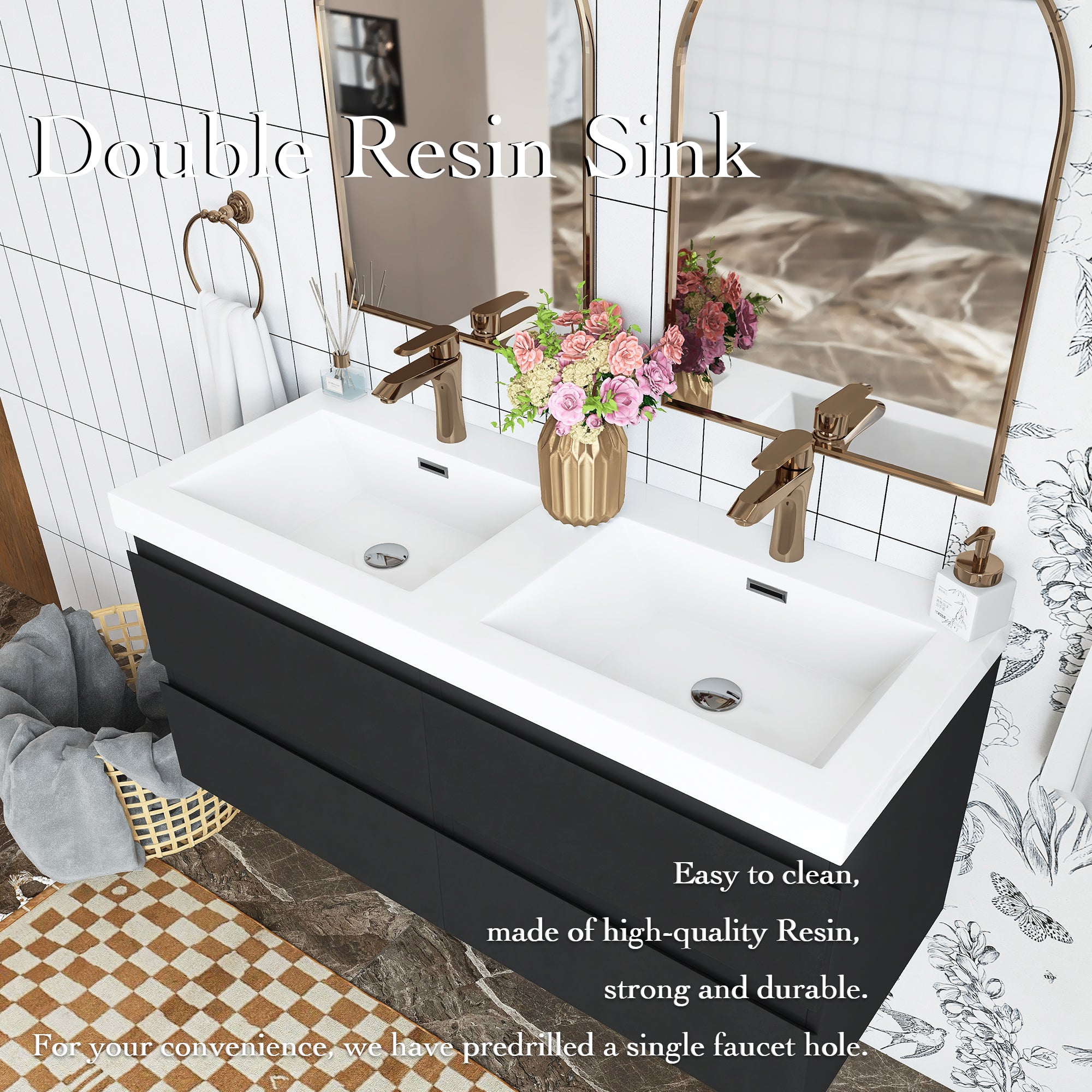 48 inch Wall Mounted Bathroom Vanity Set with Integrated Resin Sink with Drain