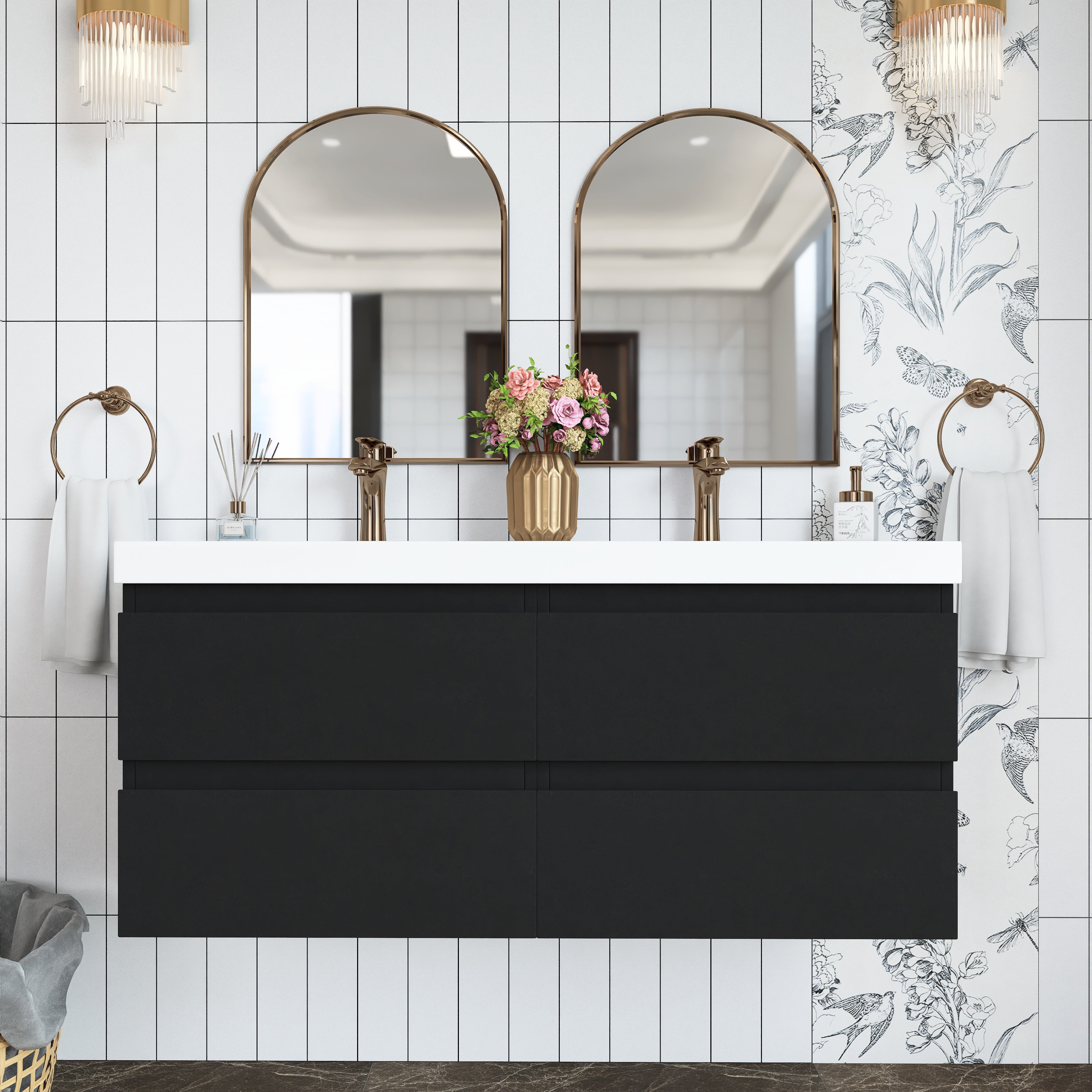 48 inch Wall Mounted Bathroom Vanity Set with Integrated Resin Sink with Drain