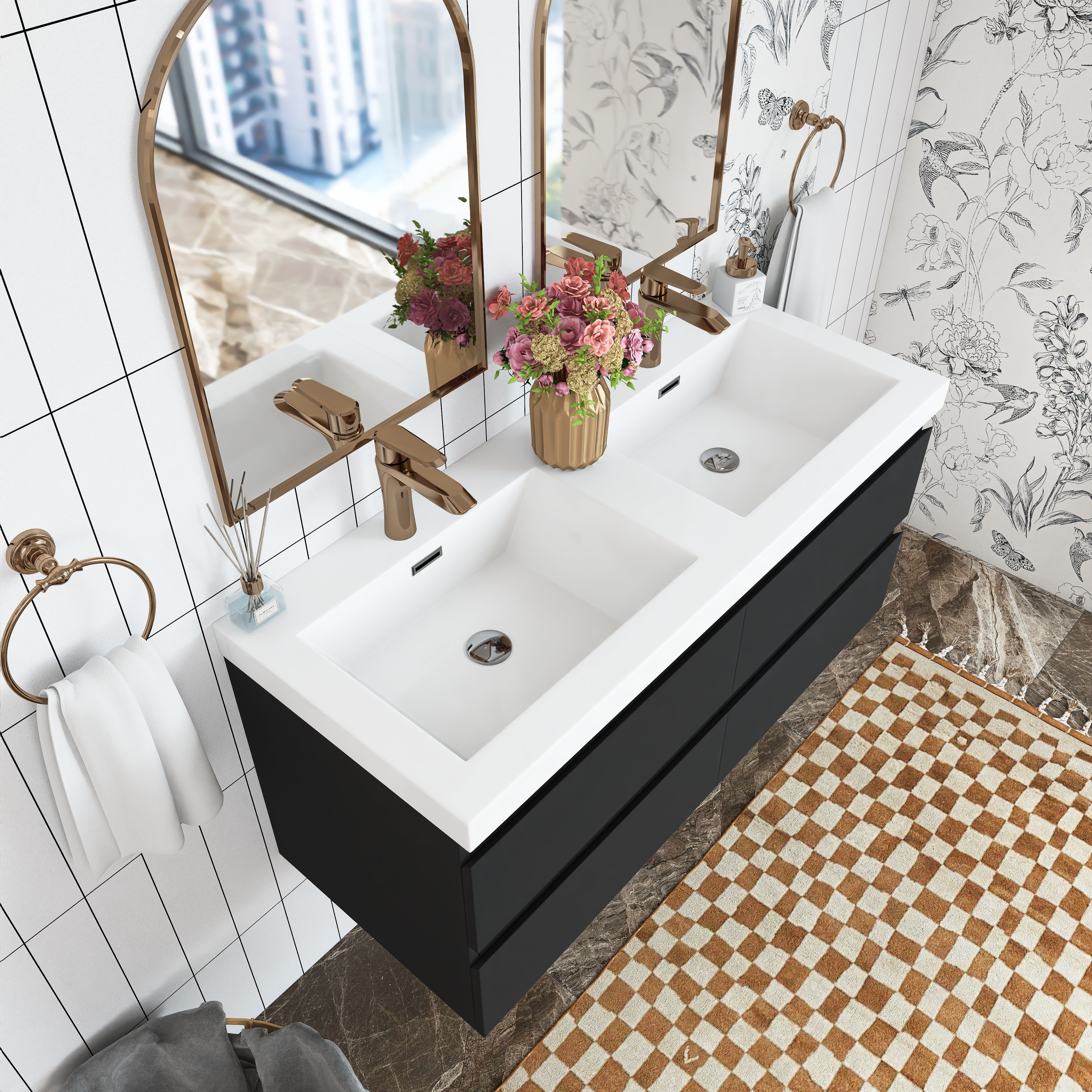 48 inch Wall Mounted Bathroom Vanity Set with Integrated Resin Sink with Drain