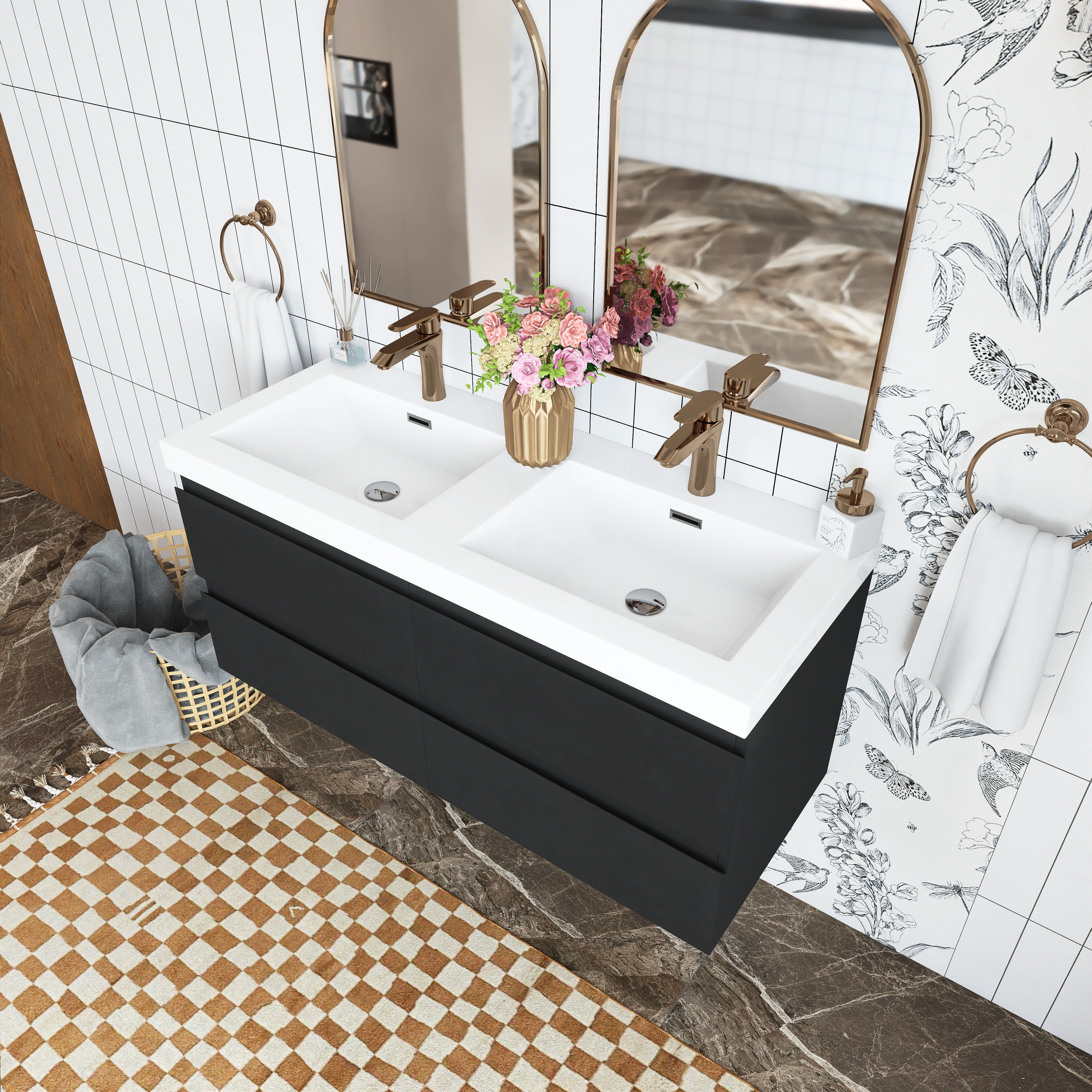 48 inch Wall Mounted Bathroom Vanity Set with Integrated Resin Sink with Drain