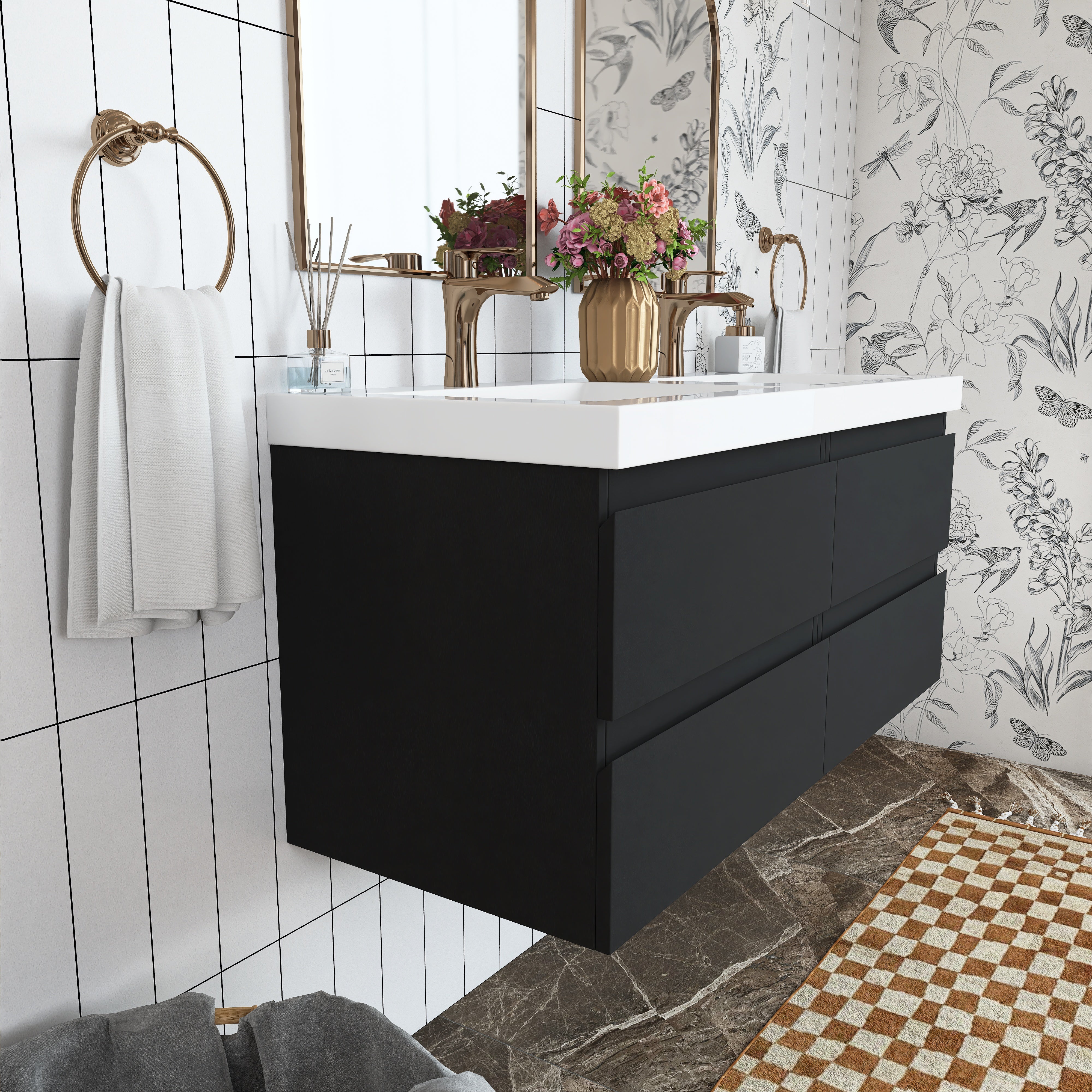 48 inch Wall Mounted Bathroom Vanity Set with Integrated Resin Sink with Drain