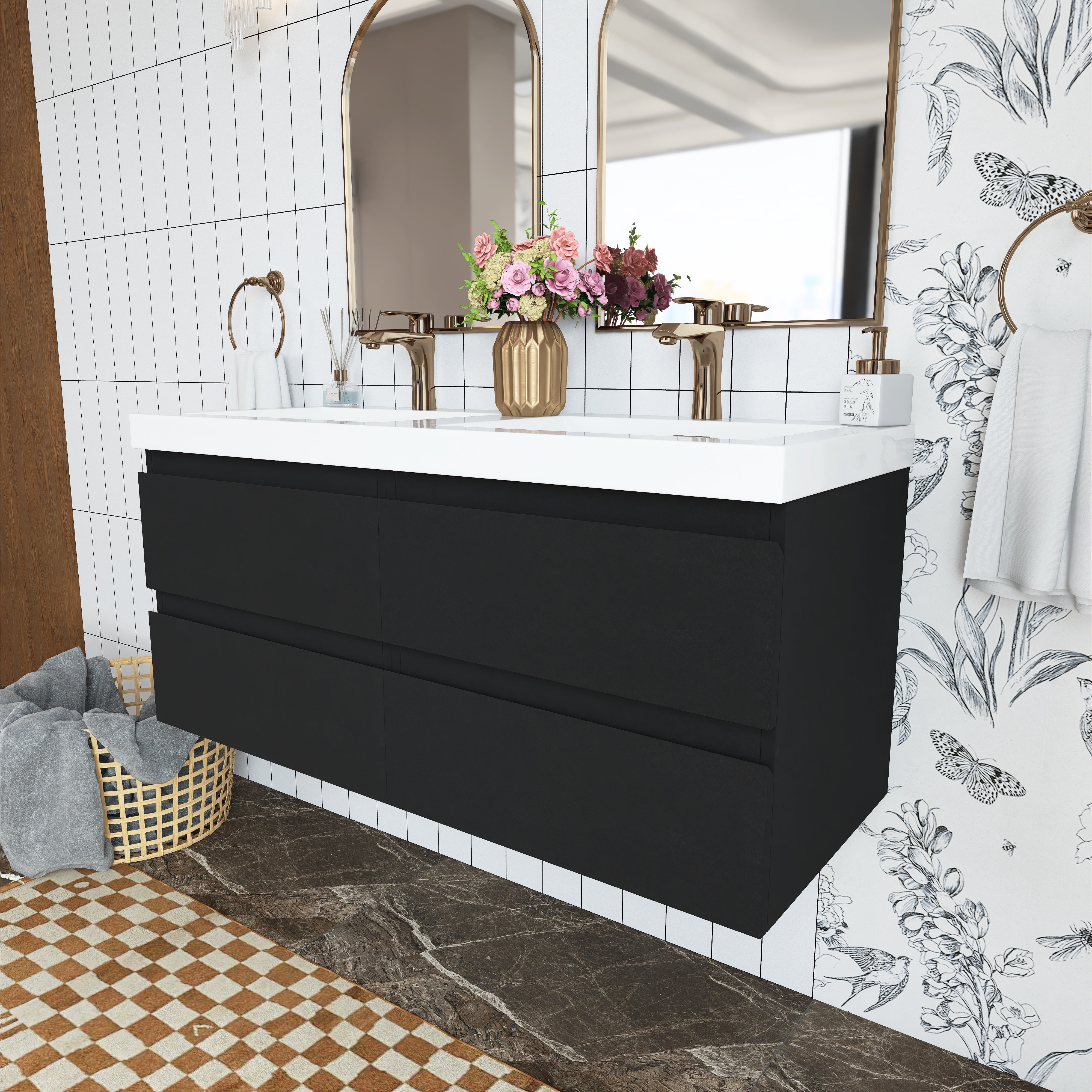 48 inch Wall Mounted Bathroom Vanity Set with Integrated Resin Sink with Drain