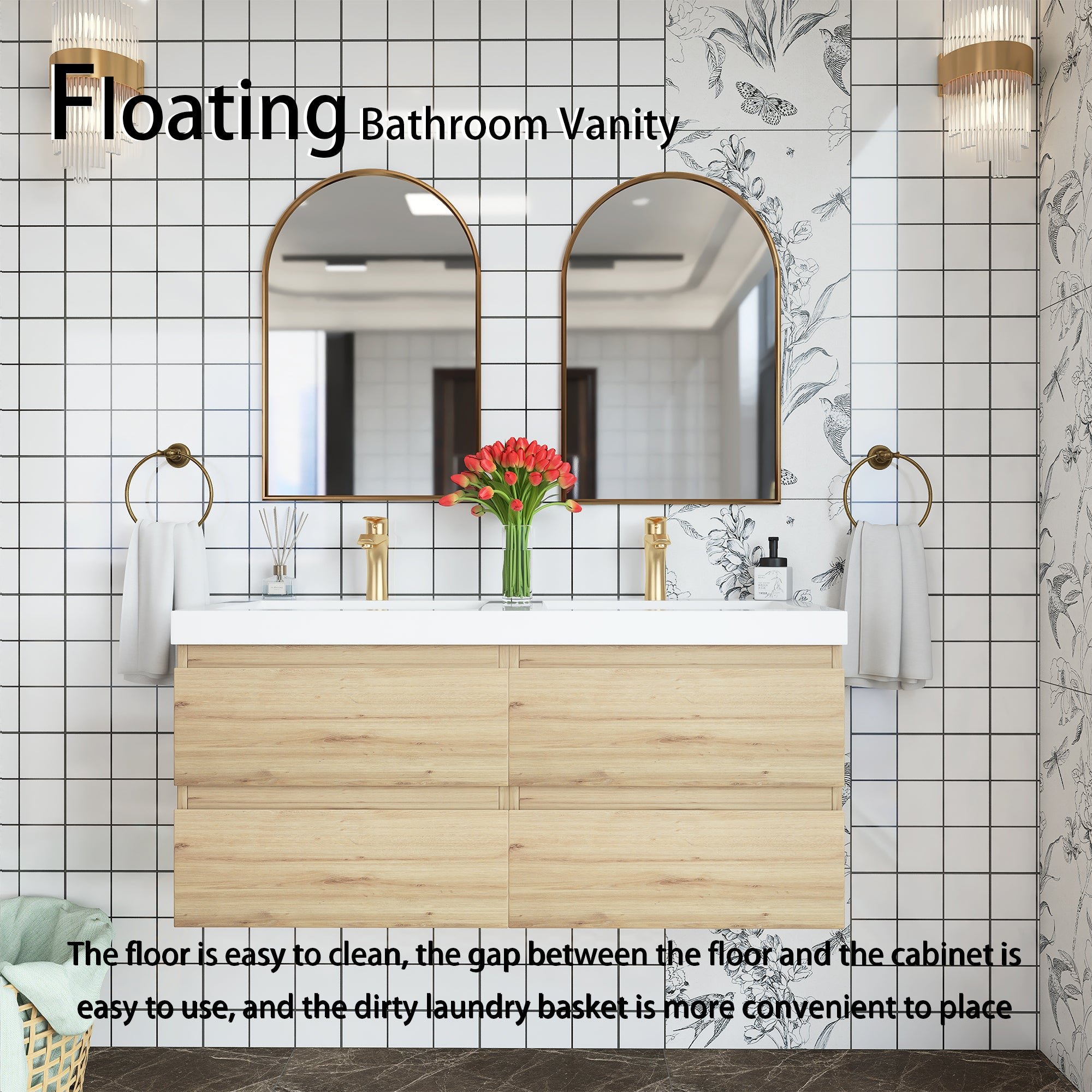 48 inch Wall Mounted Bathroom Vanity Set with Integrated Resin Sink with Drain