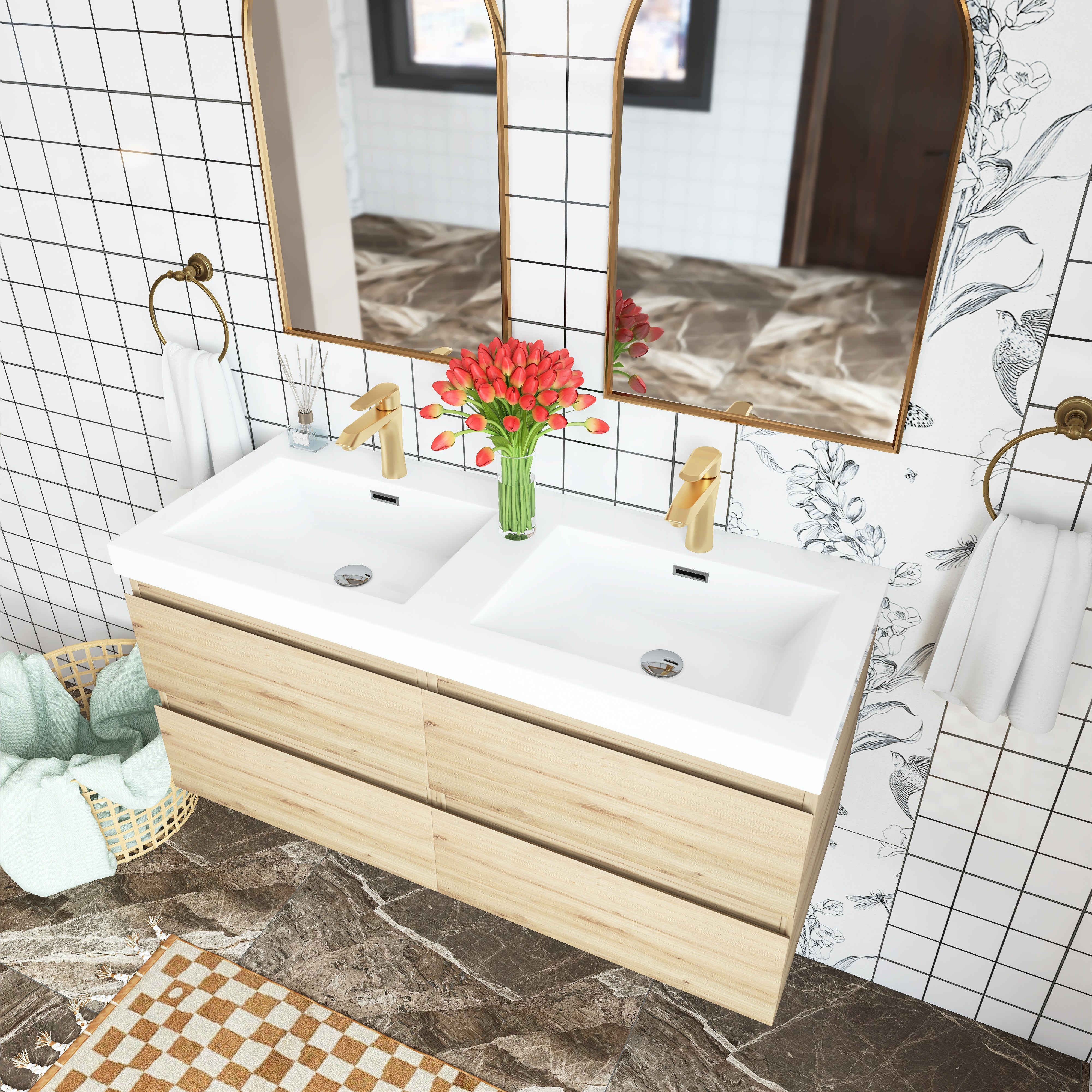 48 inch Wall Mounted Bathroom Vanity Set with Integrated Resin Sink with Drain
