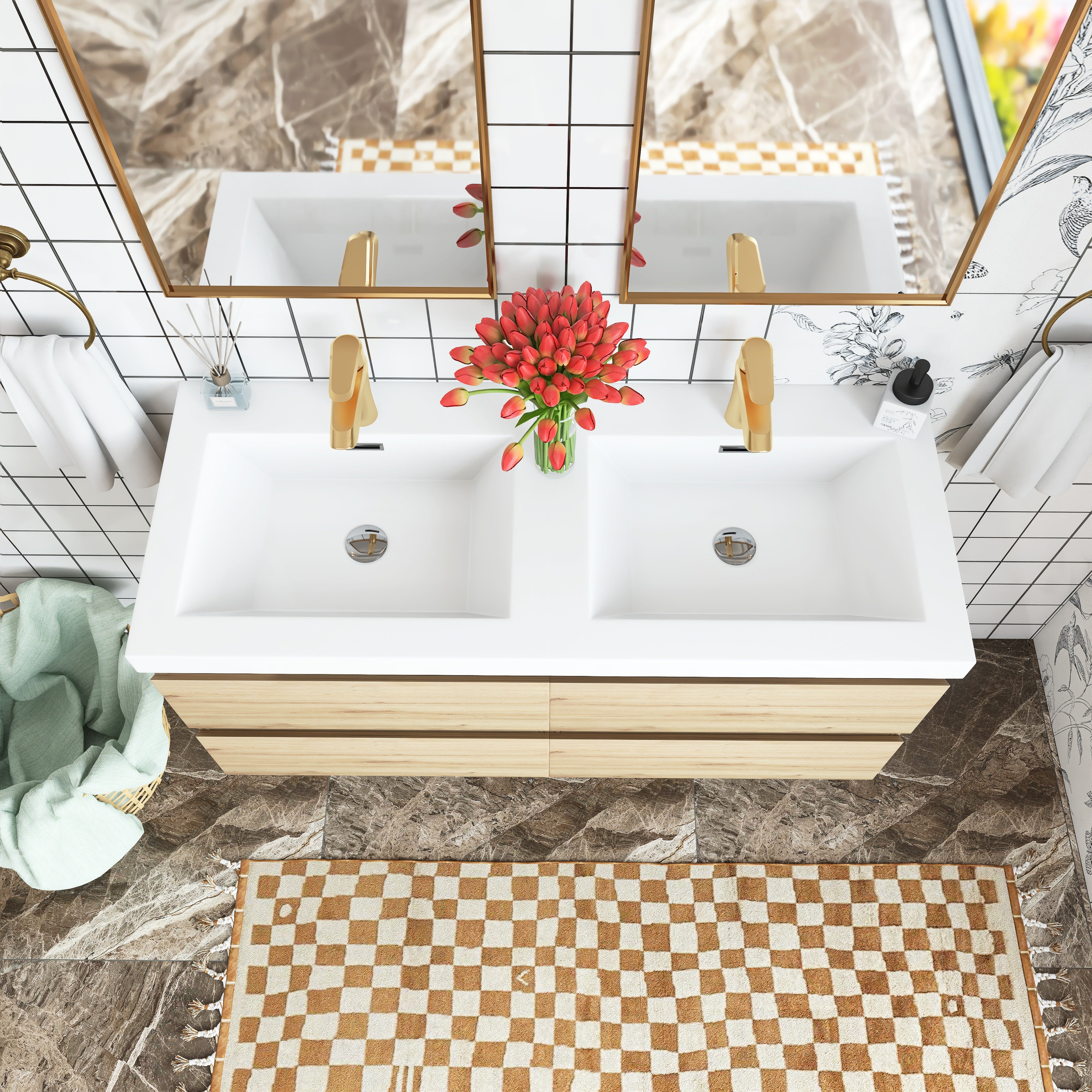 48 inch Wall Mounted Bathroom Vanity Set with Integrated Resin Sink with Drain