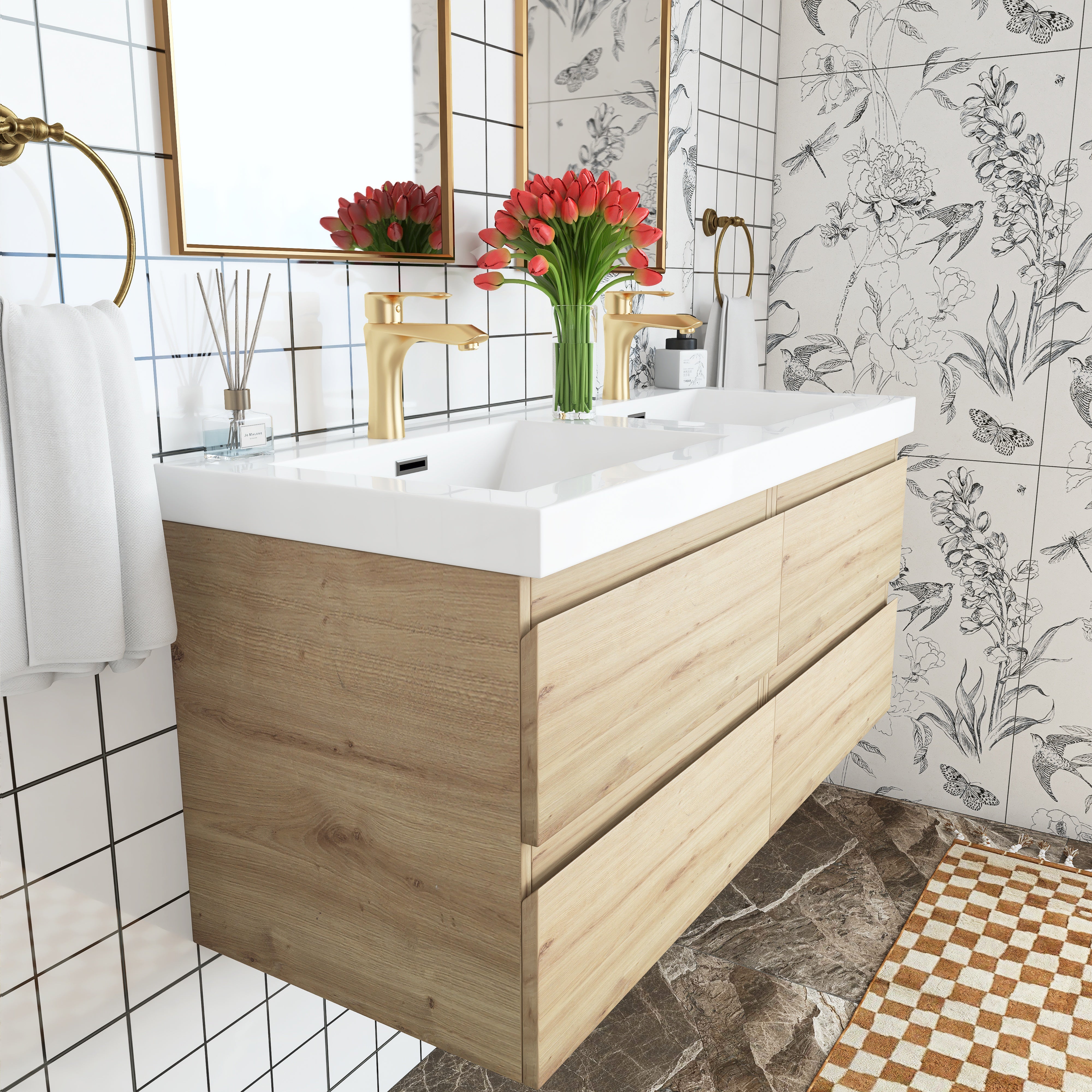 48 inch Wall Mounted Bathroom Vanity Set with Integrated Resin Sink with Drain